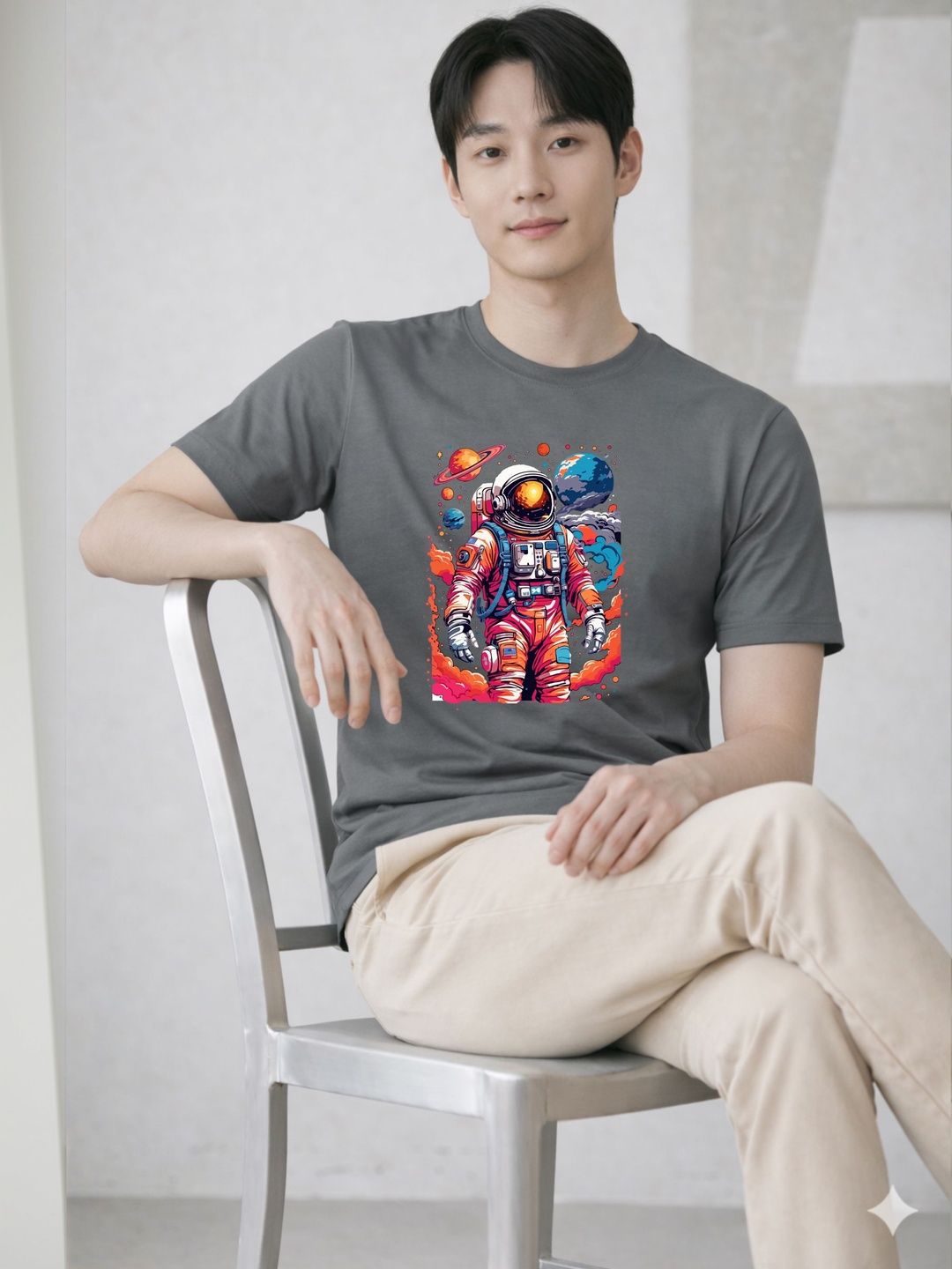 HERE&NOW Men Grey Graphic Printed Round Neck Casual Cotton Tshirts
