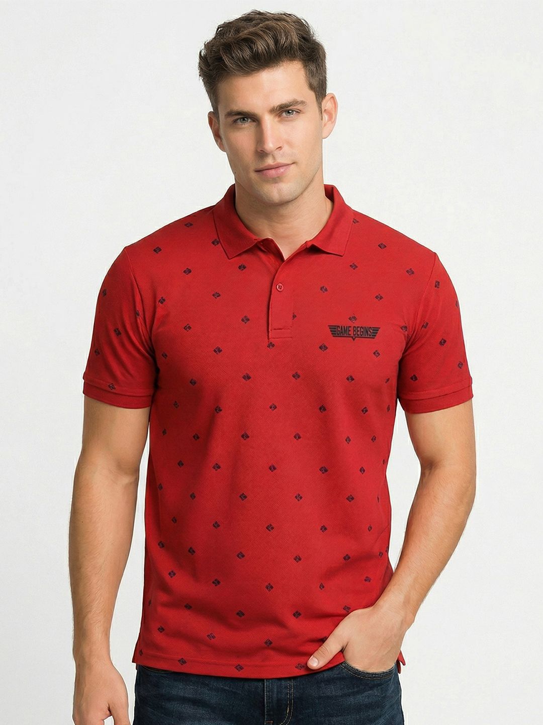 Here&Now X Game Begins Men Polka Dot Polo Collar T-shirt