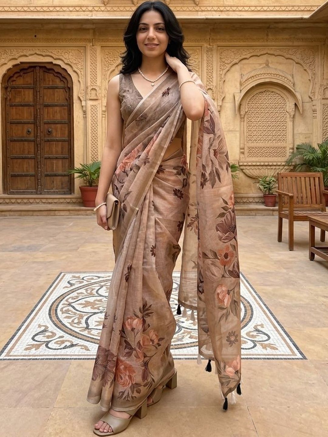 AANVI Beige Floral Digital Printed Supernet Blouse Piece & Sarees