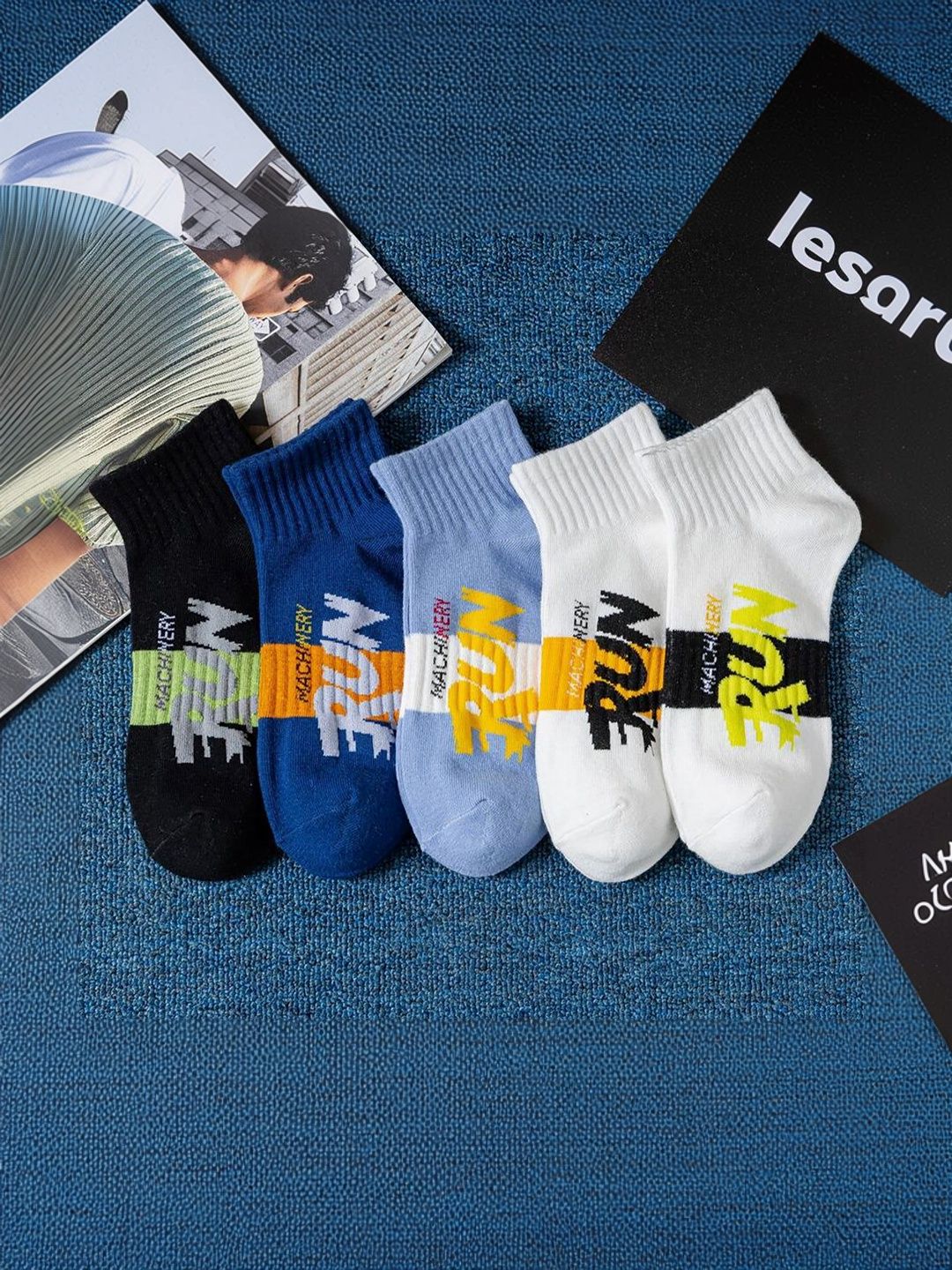 PRASTHAN Men Pack Of 5 Patterned Cotton Blend Ankle Length Socks