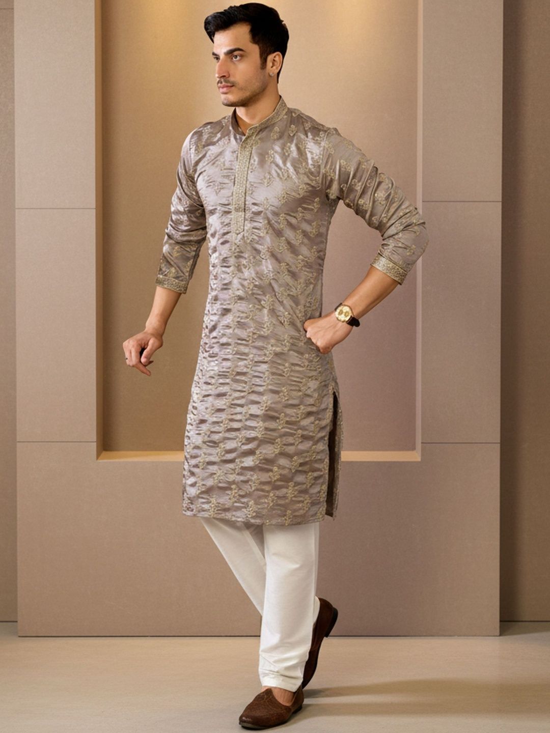 INDIROOP Men Abstract Woven Design Mandarin Collar Cotton Kurta