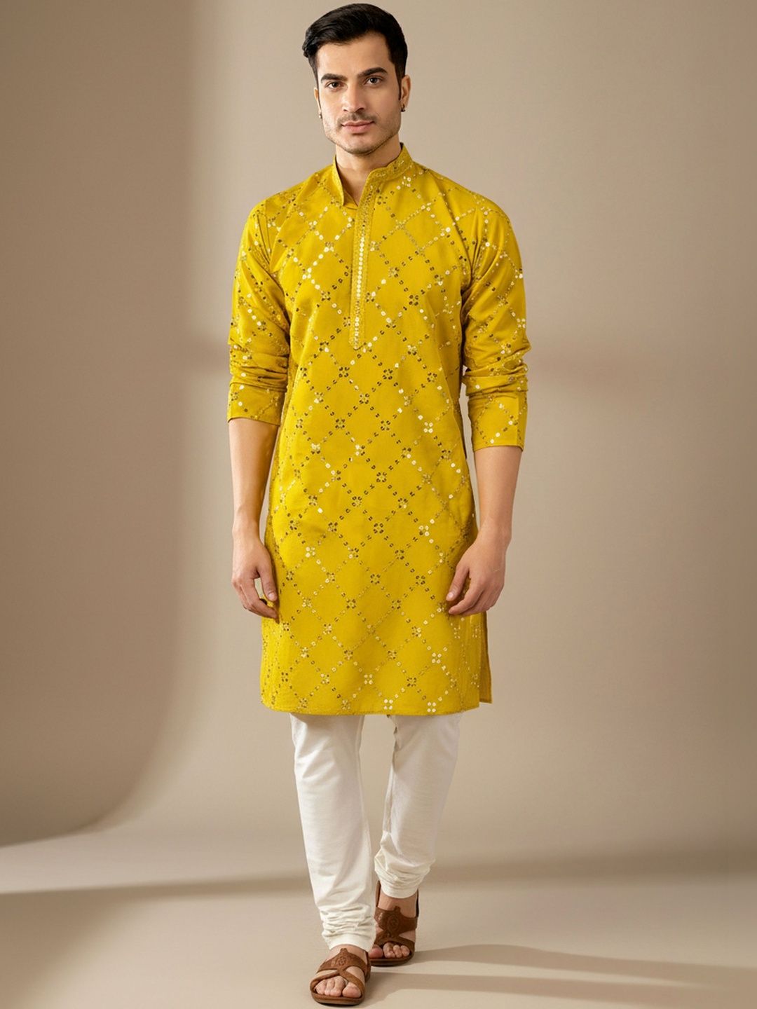 INDIROOP Men Geometric Woven Design Mandarin Collar Regular Sleeves Kurta