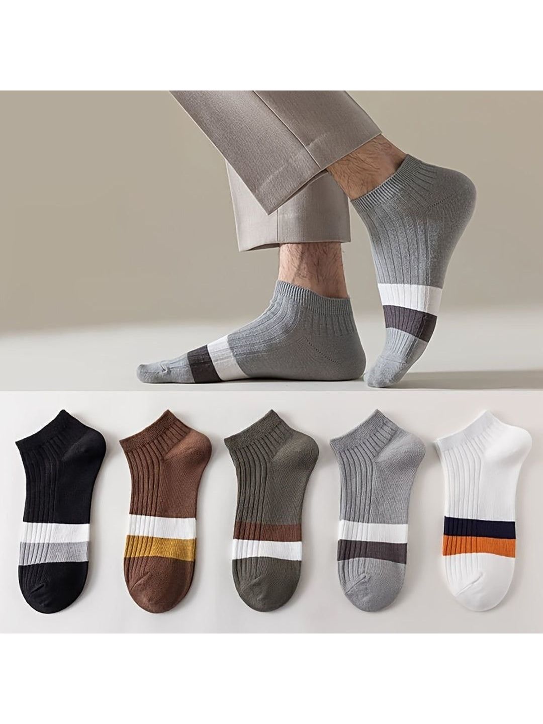 PRASTHAN Men Pack Of 5 Colourblocked Cotton Blend Ankle Length Socks