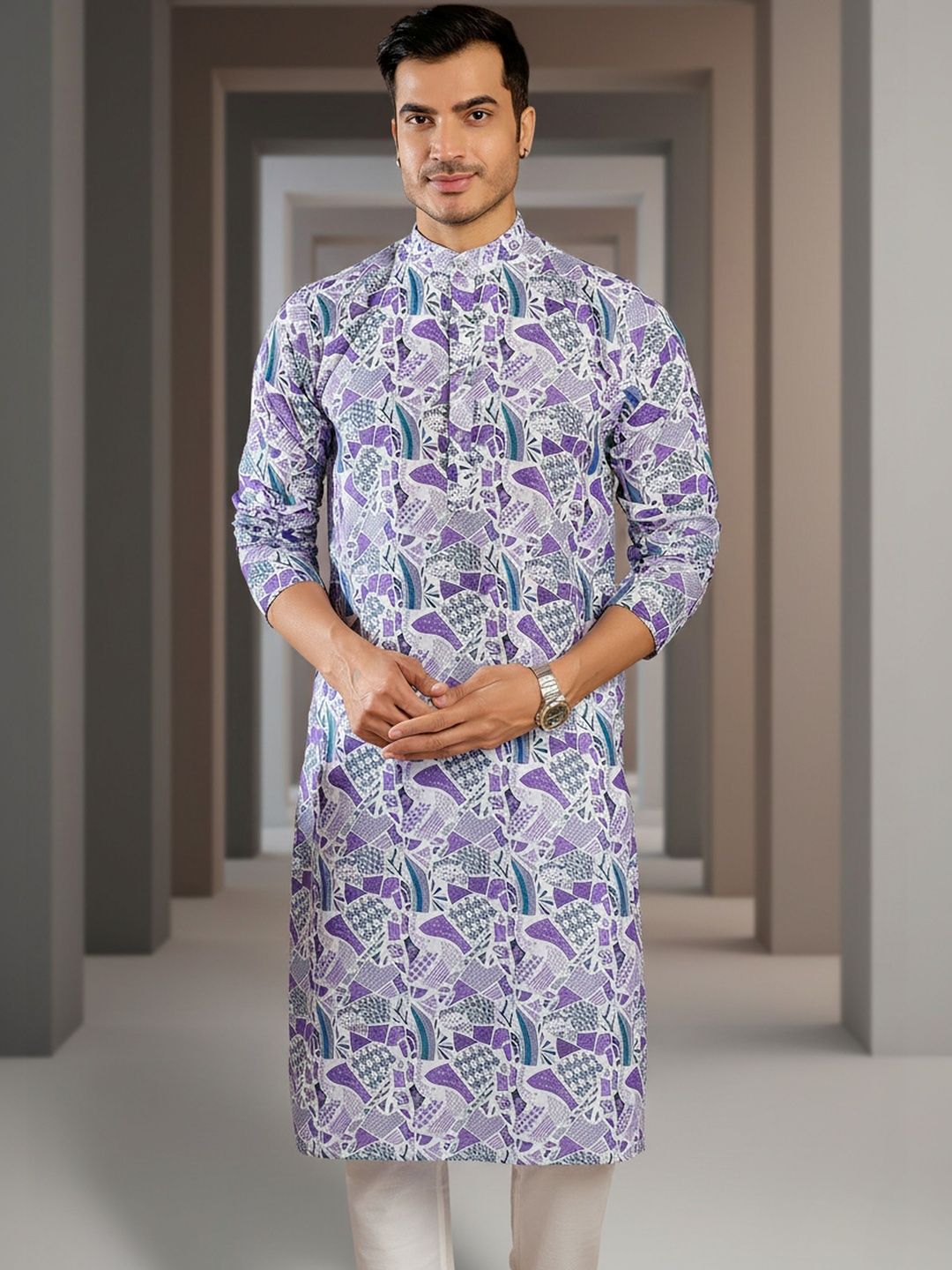 INDIROOP Men Abstract Printed Mandarin Collar Cotton Kurta