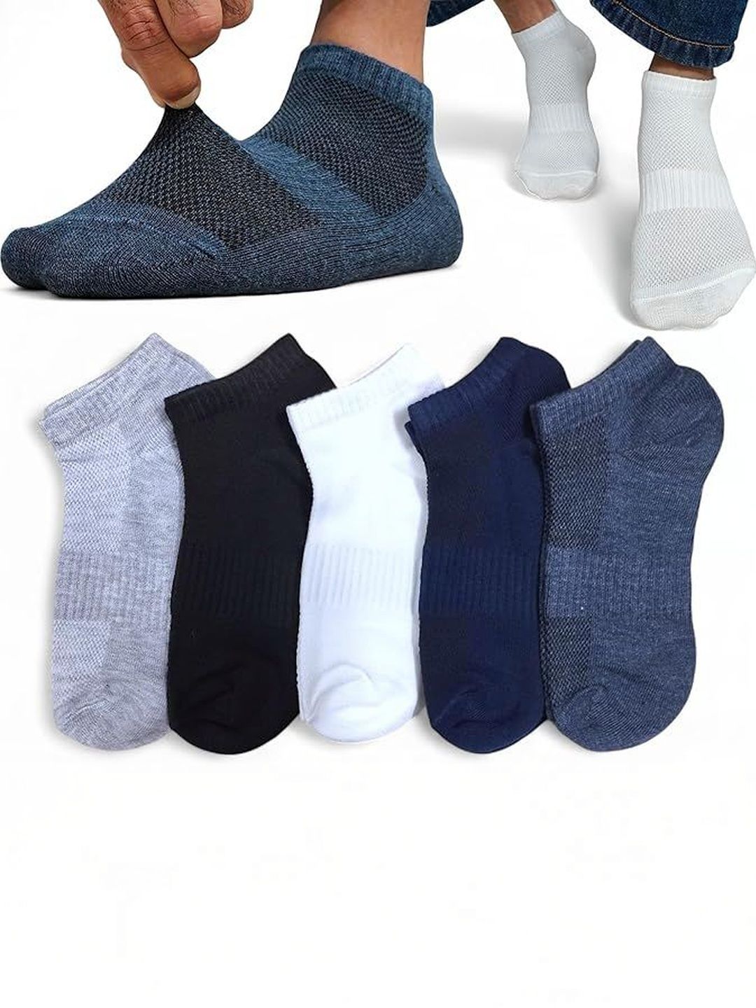 PRASTHAN Men Pack Of 5 Striped Cotton Blend Ankle Length Socks