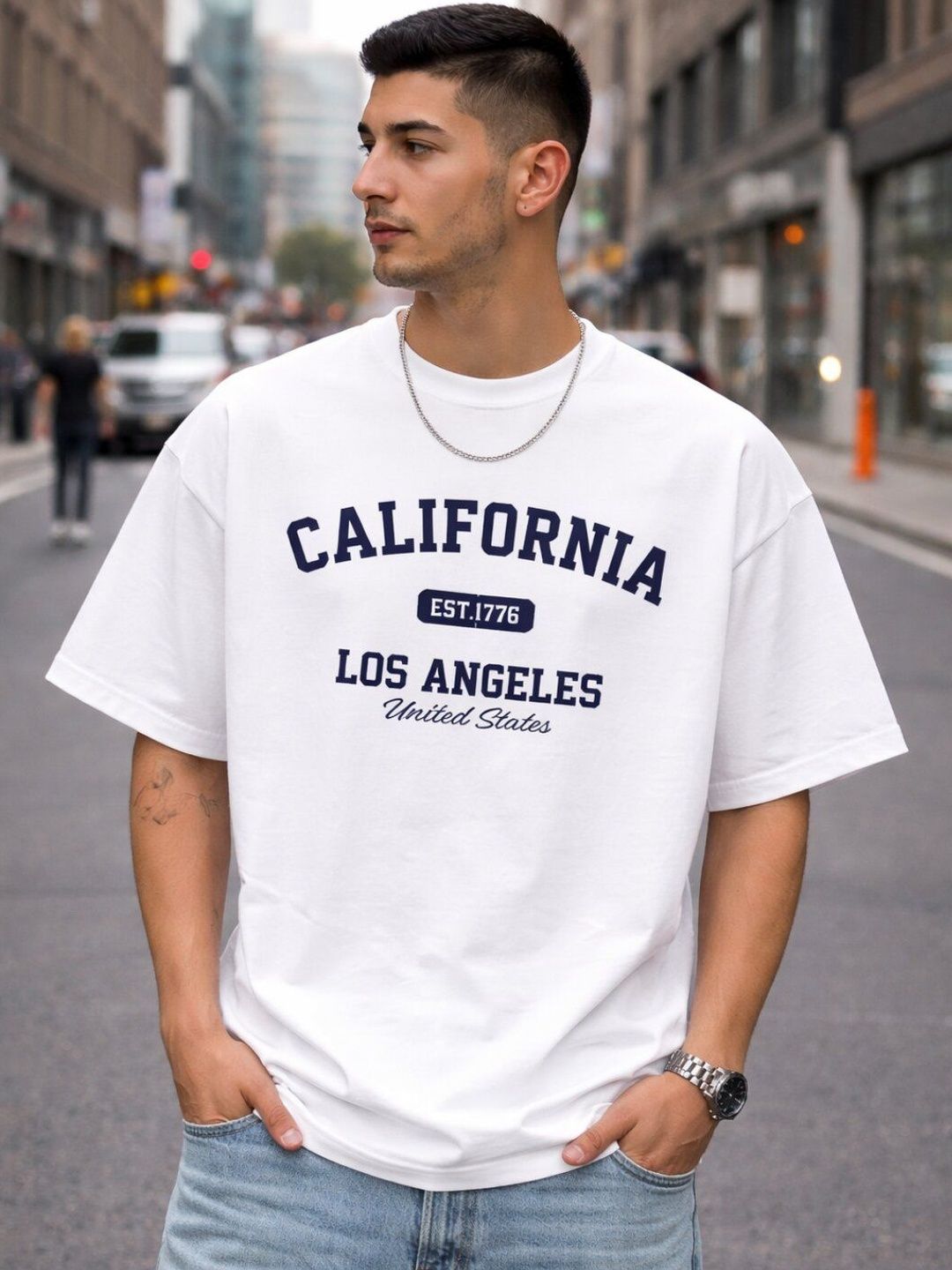 HASTEN Men Oversized California Los Angeles Print Loose Fit Casual Cotton Tshirts