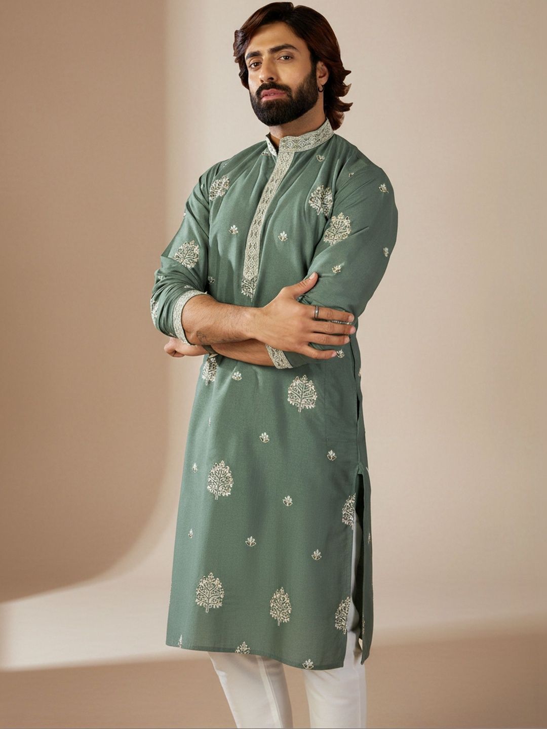 INDIROOP Floral Embroidered Mandarin Collar Cotton Kurta