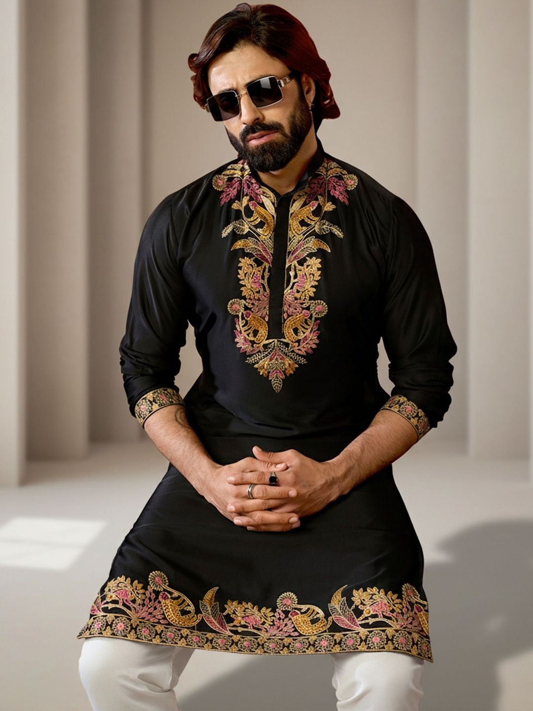 INDIROOP Men Floral Woven Design Mandarin Collar Cotton Kurta