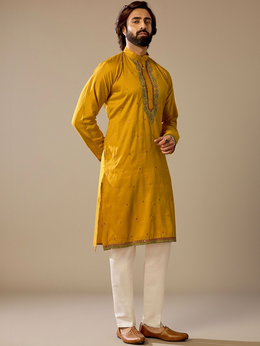 INDIROOP Floral Printed Mandarin Collar Cotton Kurta