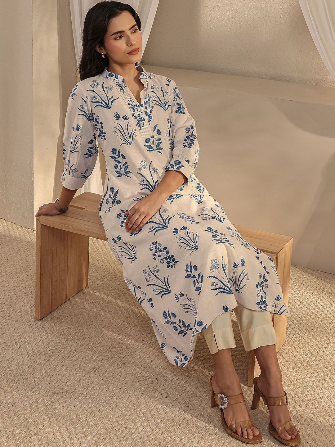 Libas Libas Off White Floral Printed A-line Pocket Kurtas