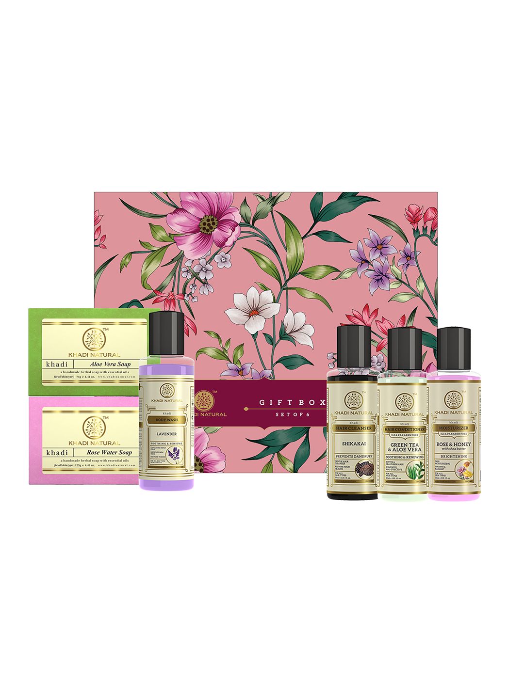 Khadi Natural Set of 6 Ayurvedic Gift Box - 400 ml + 150 g