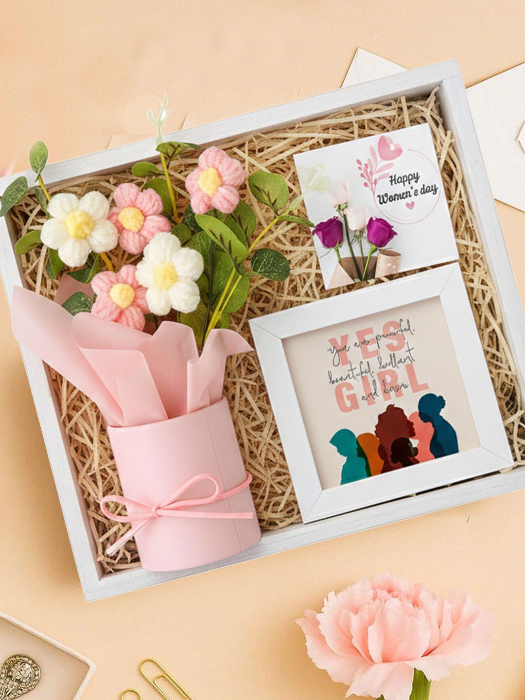 TIED RIBBONS Womens Day Gift Hamper with Crochet Flower Bouquet Frame & Card