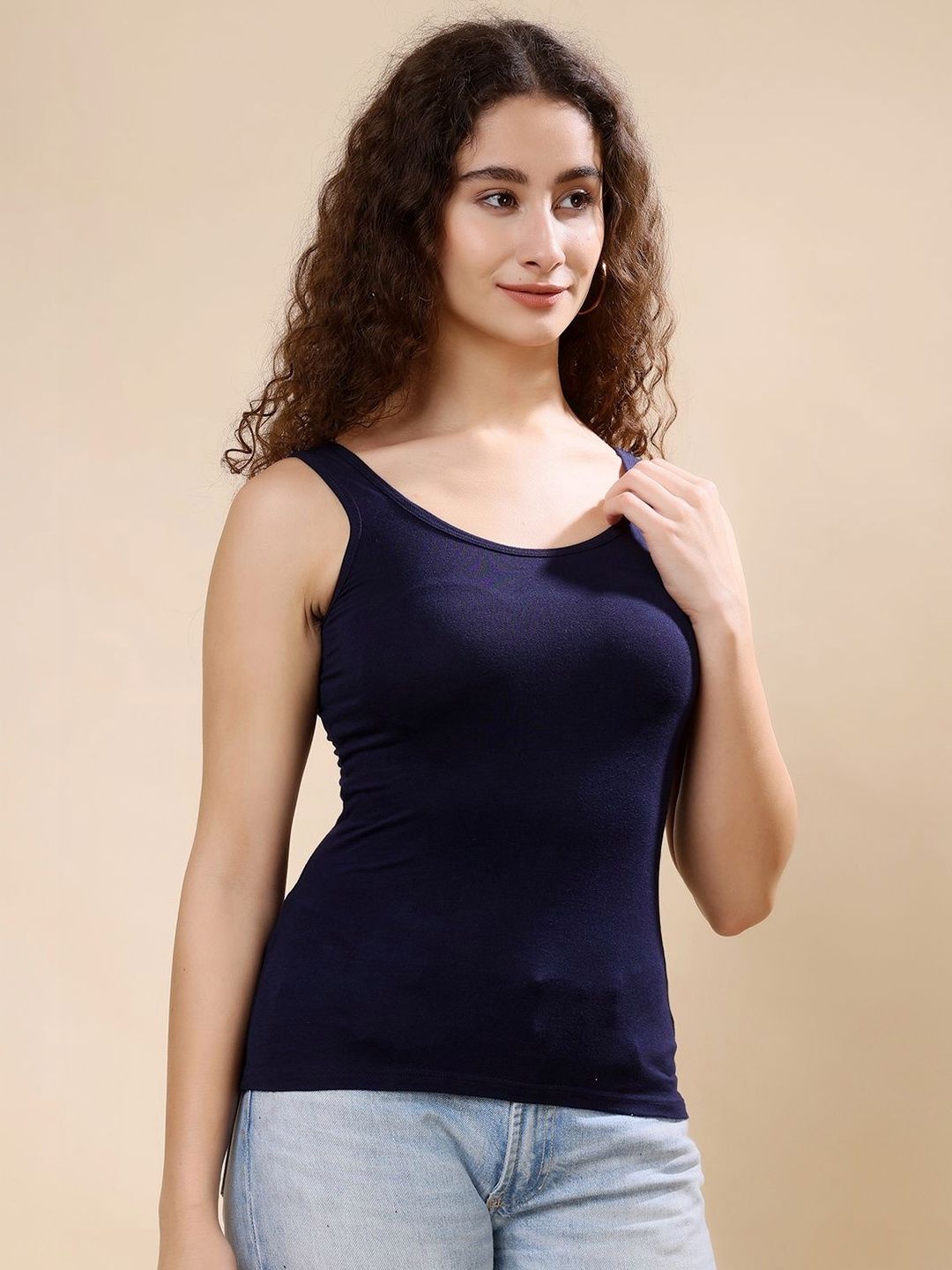 HERE&NOW Women Cotton Scoop Neck Non-Padded Spaghetti Strap Camisole