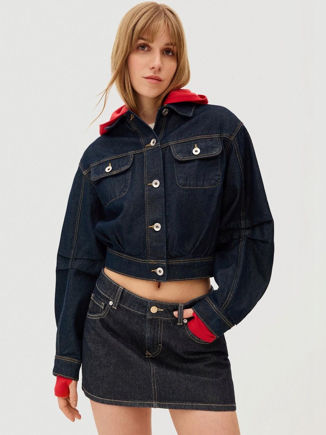 Cotton Denim Mini A-Line Skirt