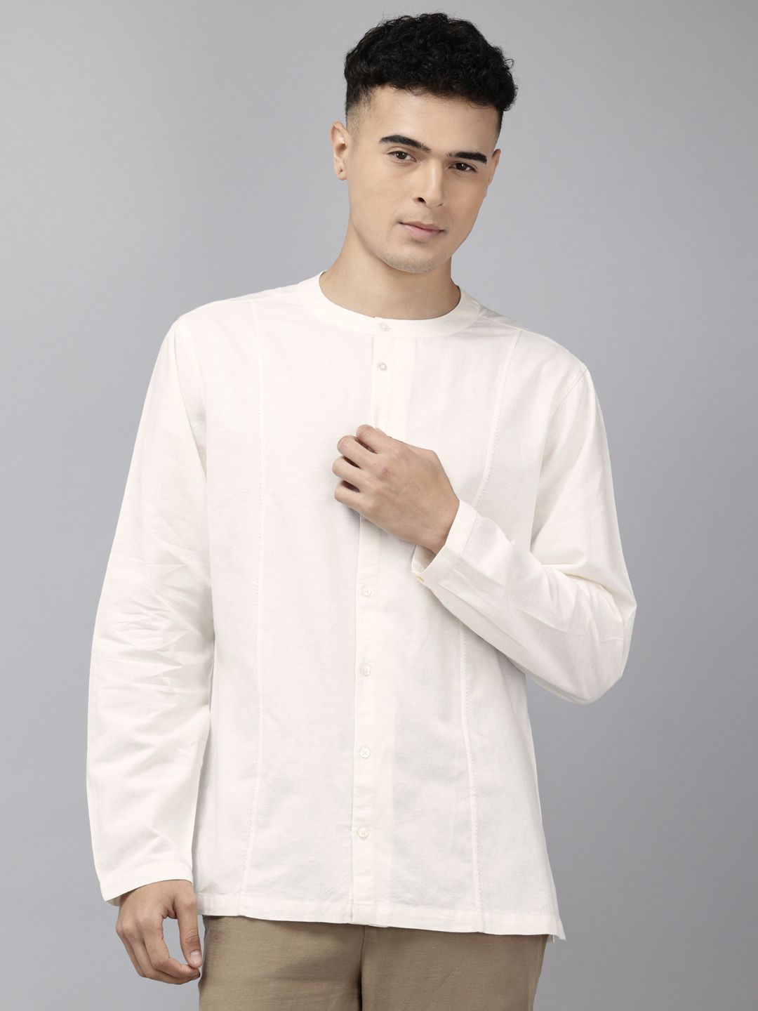 NAVNIV Band Collar Cotton Linen Kurta