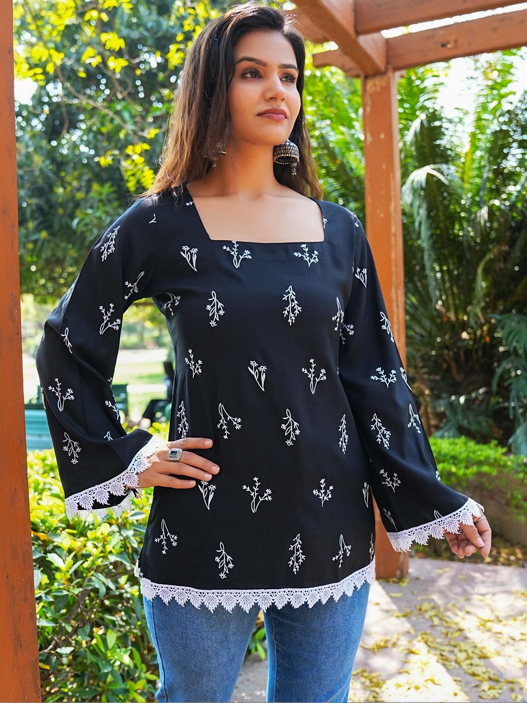 SAK JAIPUR Botanical Printed Square Neck Flared Sleeves Kurti