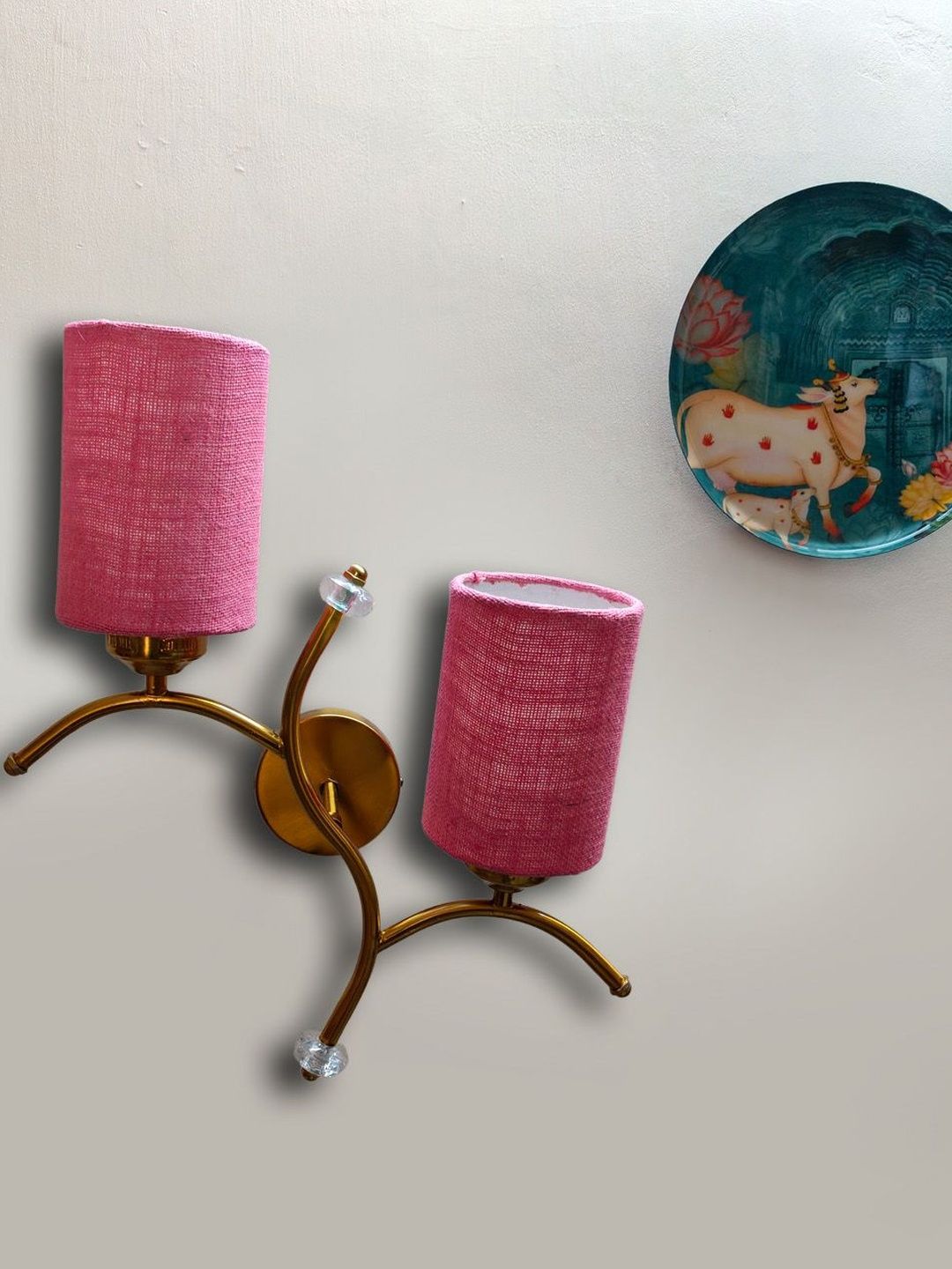 Aura Dual Wall Mounted Gold Lamp with Pink Jute Shade
