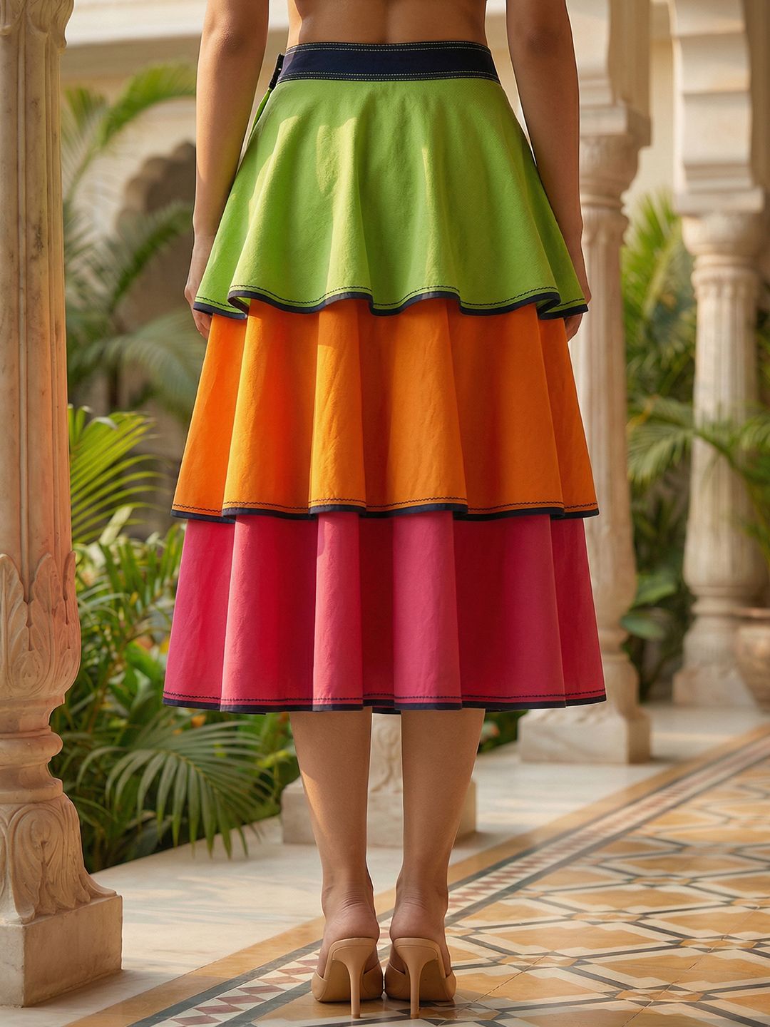 Buy Naya Pannah Women Cotton Muli Color Cotton Tiered Midi Flared