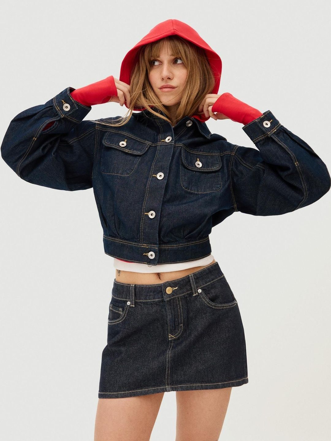Cotton Denim Mini A-Line Skirt