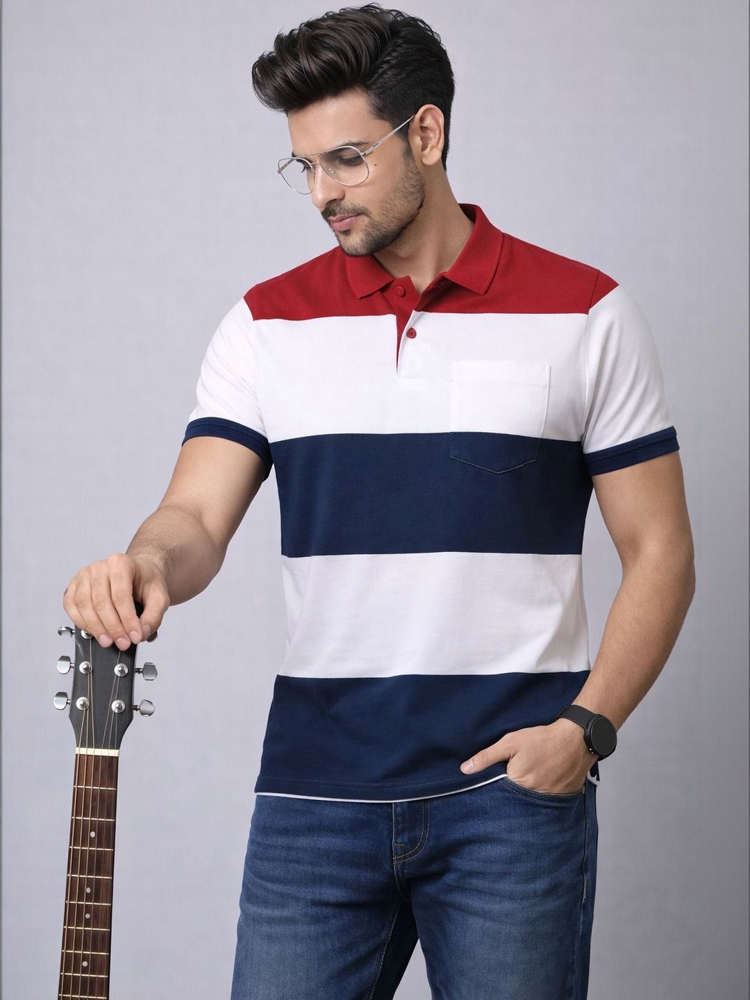 Triptee Men Colourblocked Polo Collar Pure Cotton Pockets T-shirt