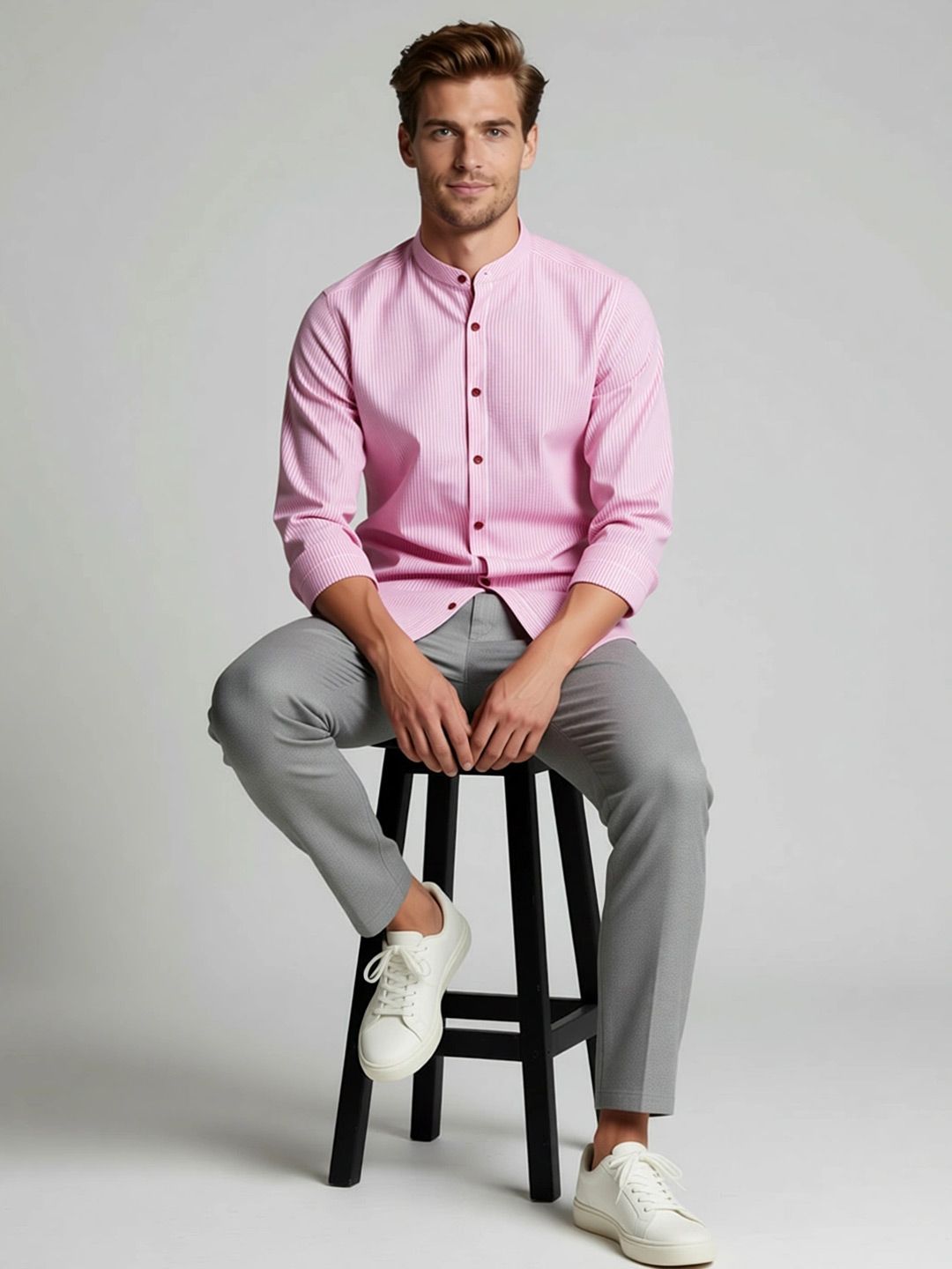 Mast & Harbour Candy Striped Mandarin Collar Casual Shirt
