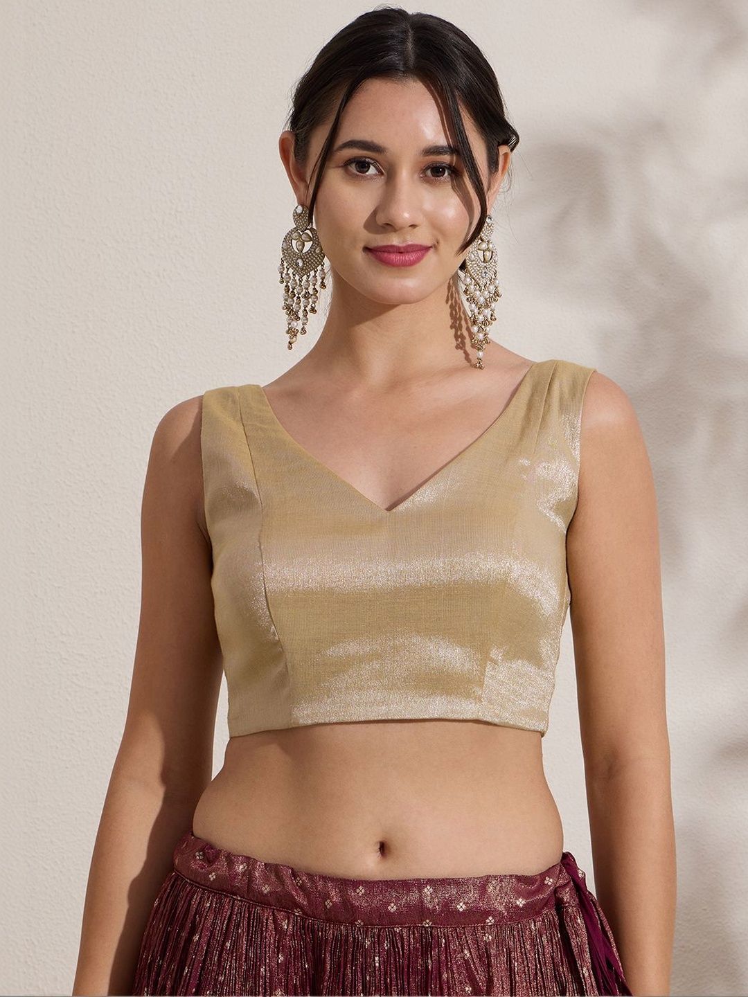 The Blouse Originals Golden Silk Deep V Neck Sleeveless Padded Readymade Saree Blouse