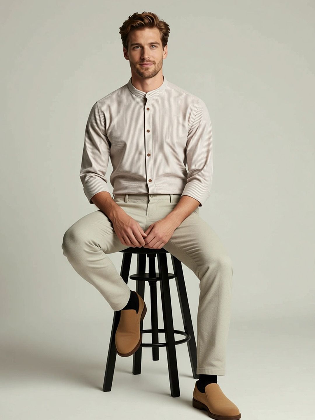 Mast & Harbour Vertical Striped Mandarin Collar Casual Shirt