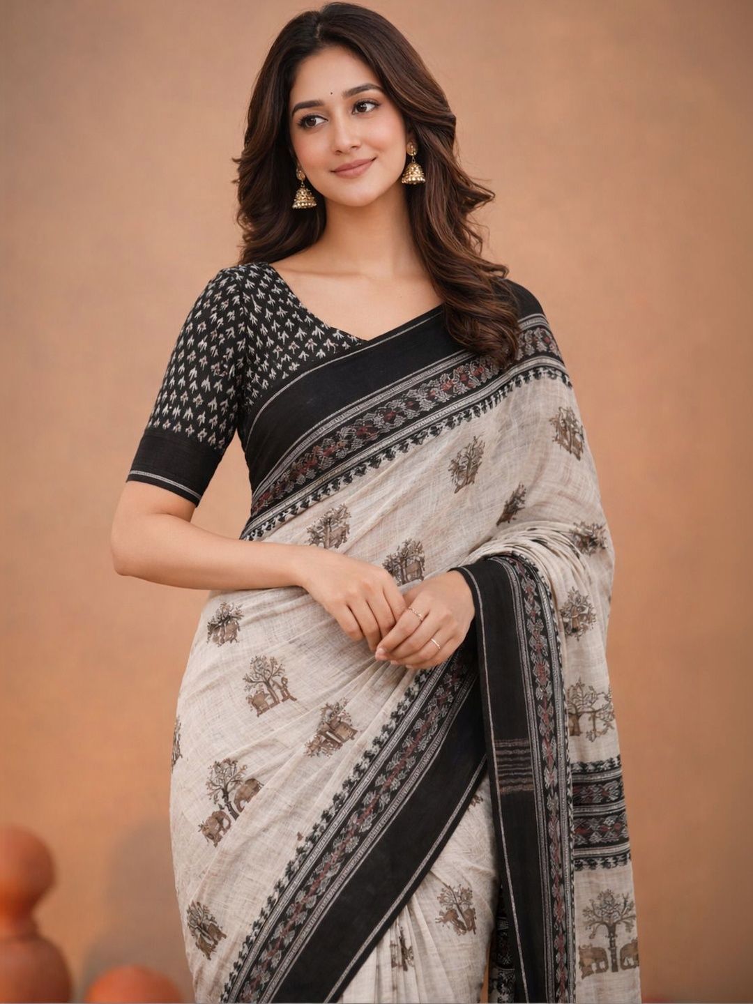 SWISS HORN Woven Pattern Cotton Blend Linen Saree