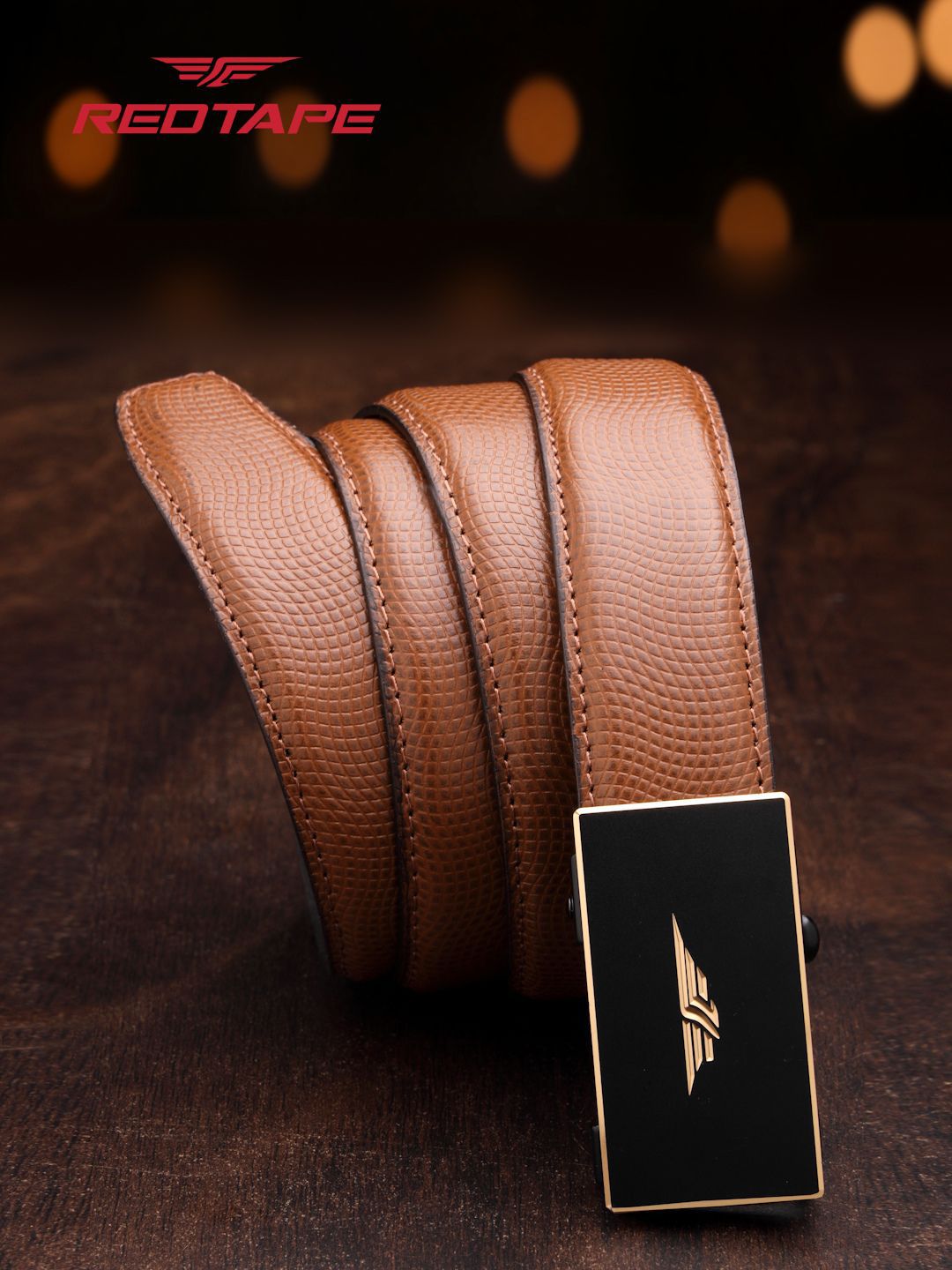 Red Tape Men Tan Textured Leather Formal Casual Autolock Belt