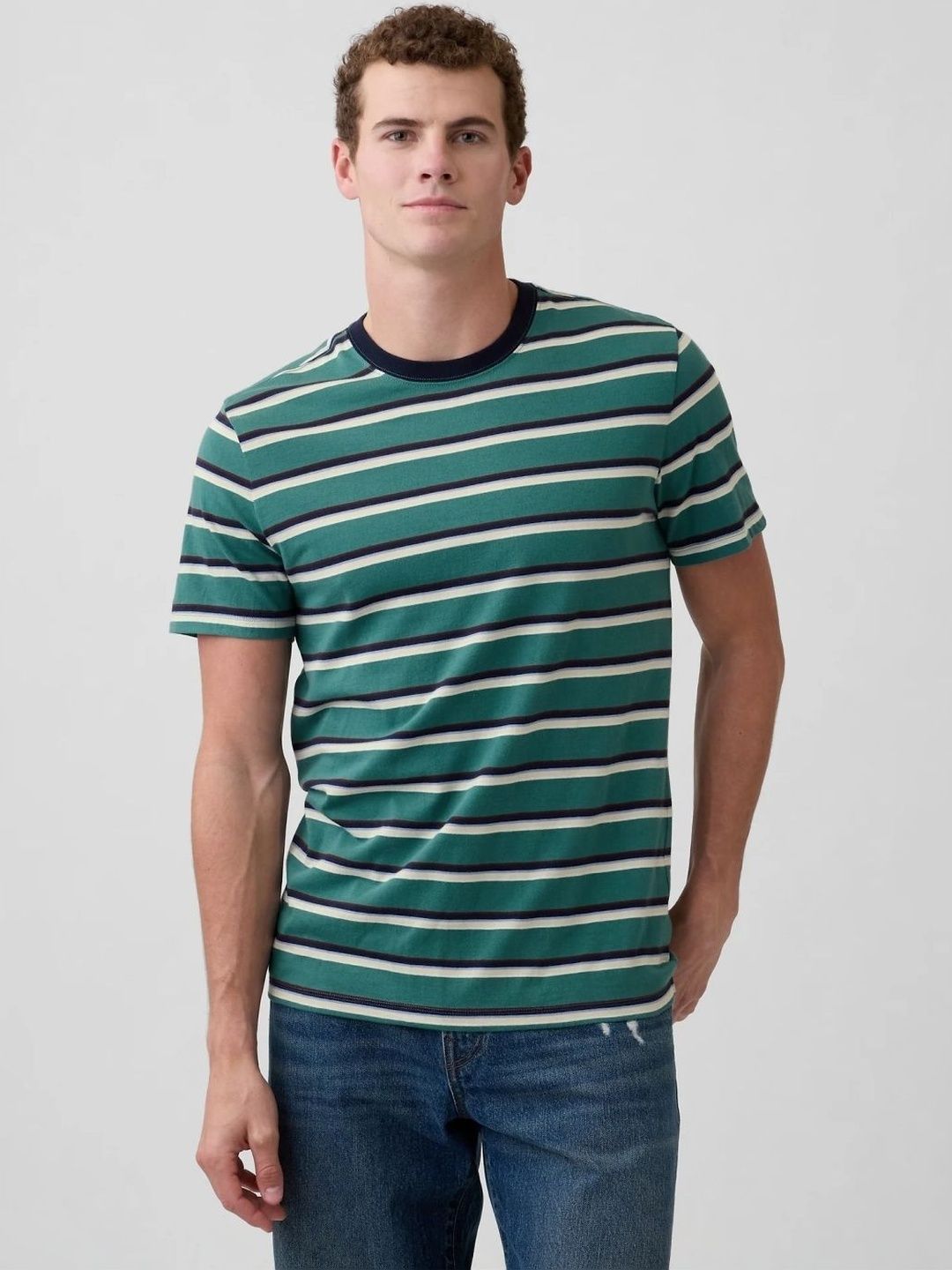 GAP Horizontal Stripes Crew Neck Half Green T-shirt