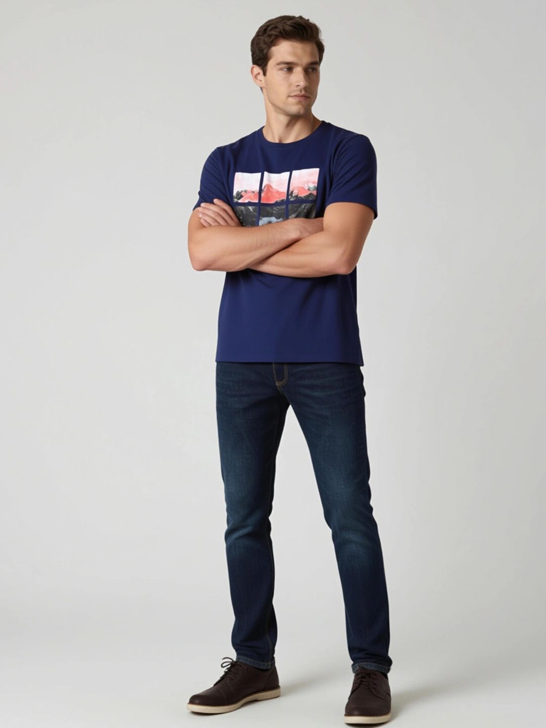 The Roadster Lifestyle Co Navy Blue Graphic Printed Cotton Round Neck Tshirts