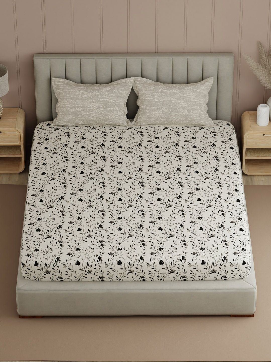 Boutique Living India Boutique Living India White Floral 200 TC Bedsheet with 2 Pillow Covers