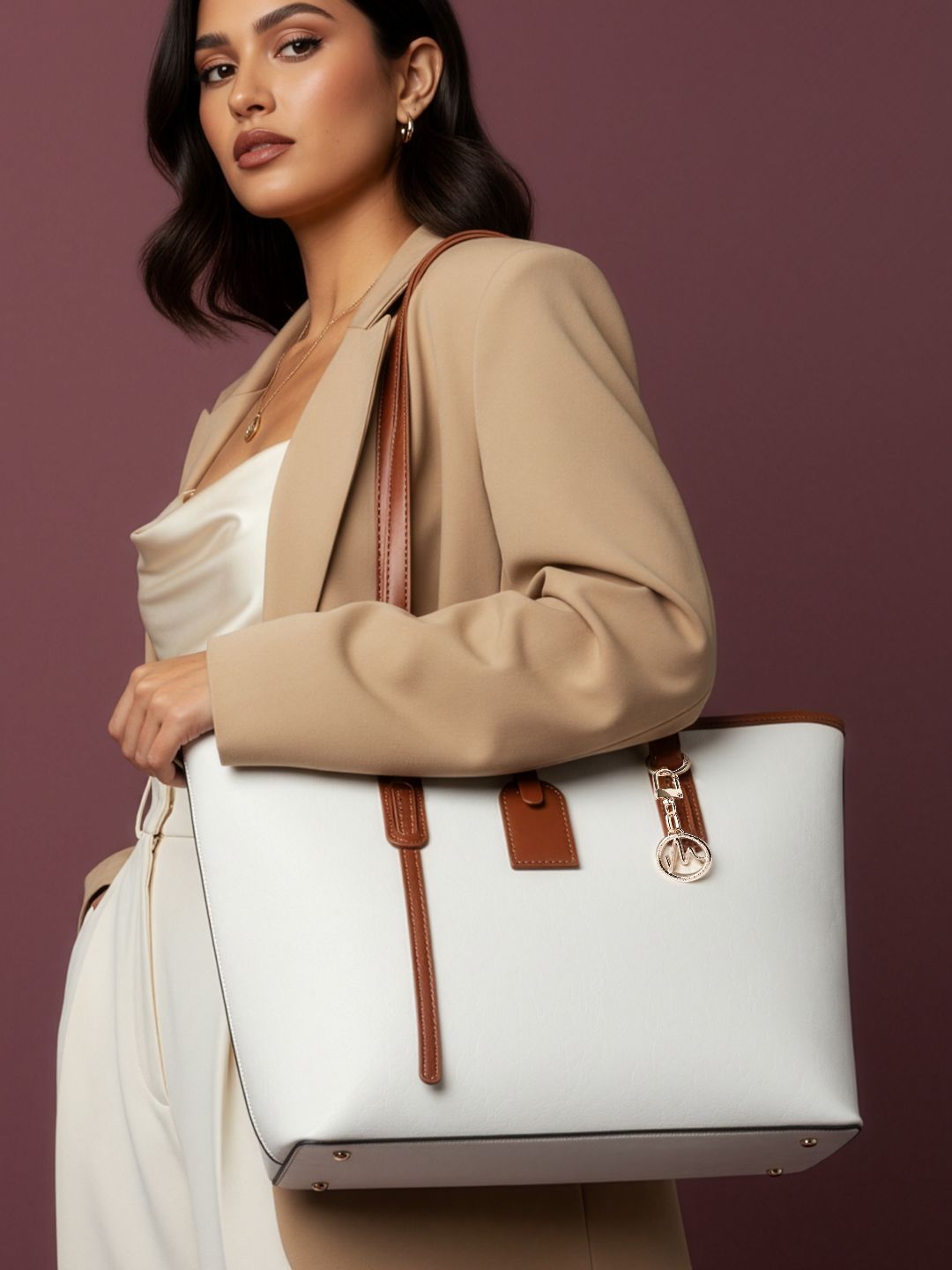 Women Work Tote Bag MAEJOY Women White and Brown Work Tote Bag