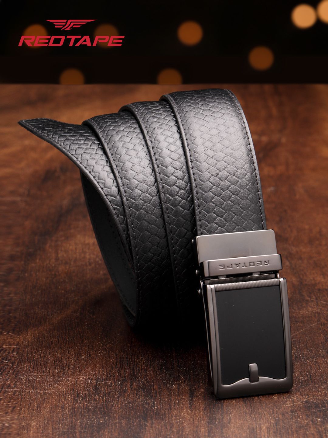Red Tape Men Black Textured Leather Formal Casual Autolock Belt