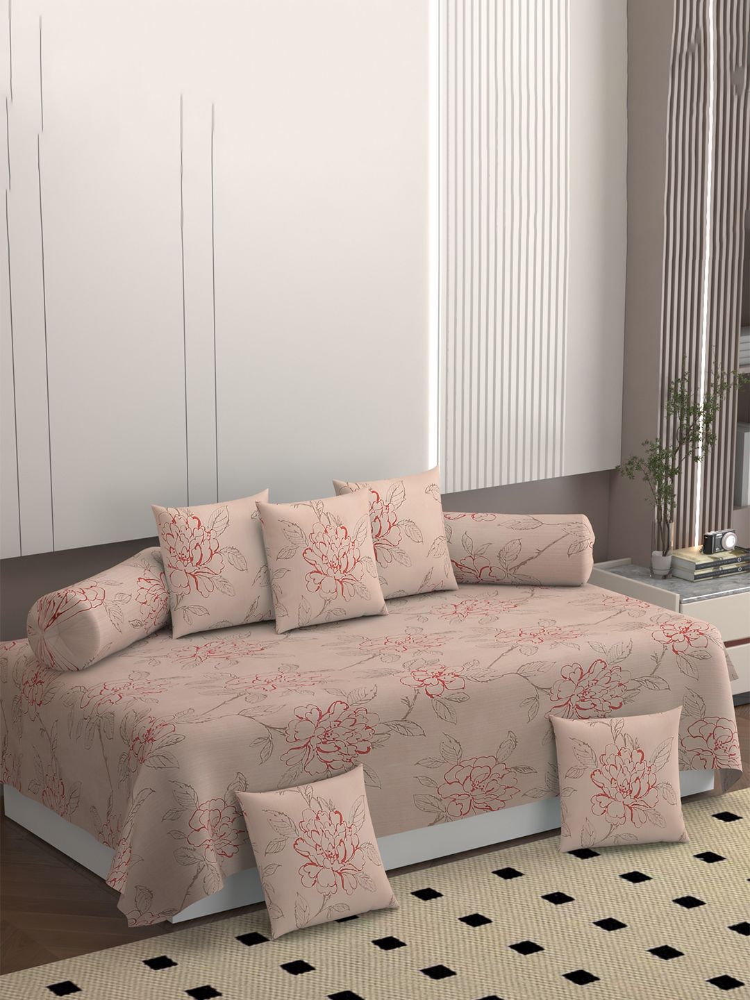 Bromwick Set Of 8 Orange-Colored Floral Printed 250 TC Cotton Diwan Set