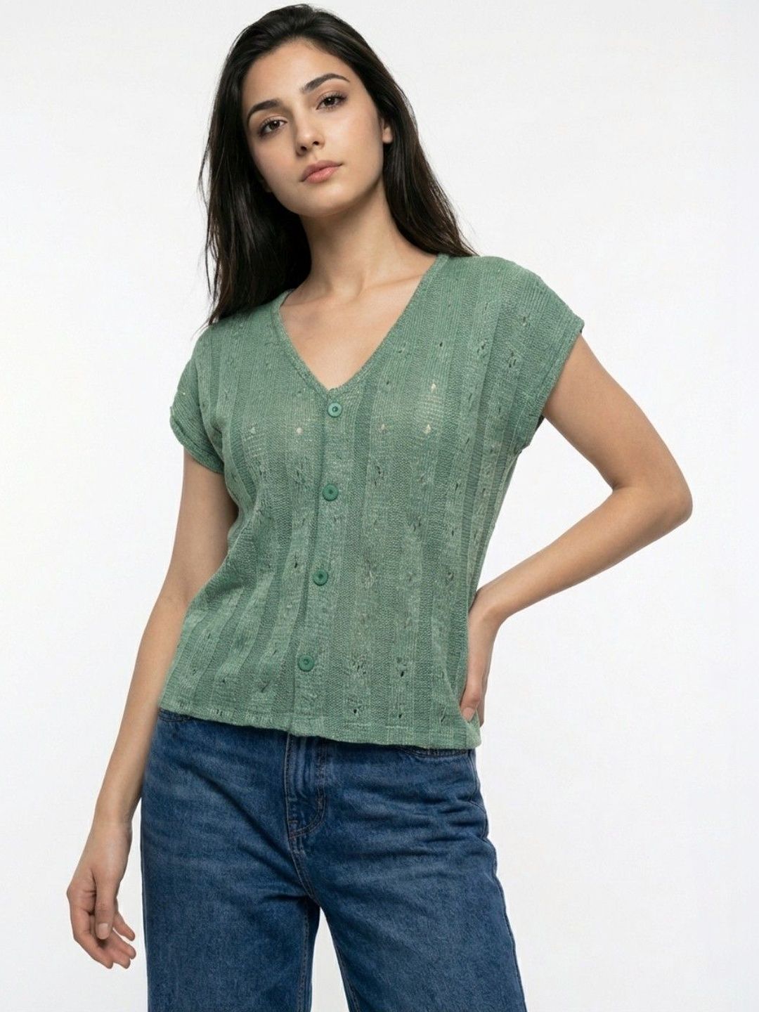 Buy Peach Textured Knitted V-Neck Button Top - Tops for Women