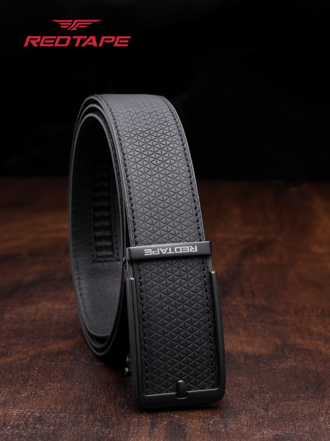 Red Tape Men Black Textured Leather Formal Casual Autolock Belt