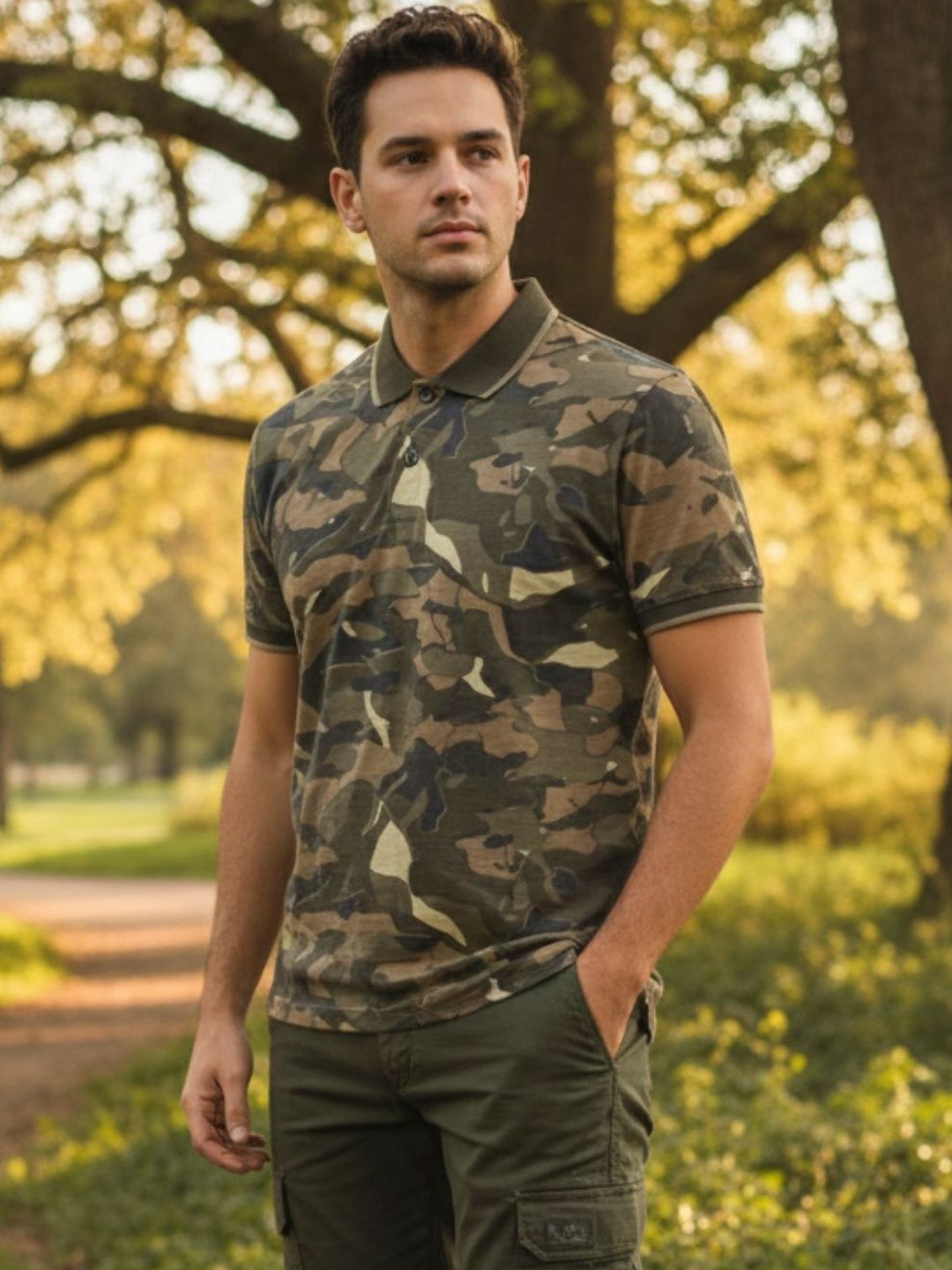 wild camo Men Camouflage Printed Polo Collar Pockets T-shirt