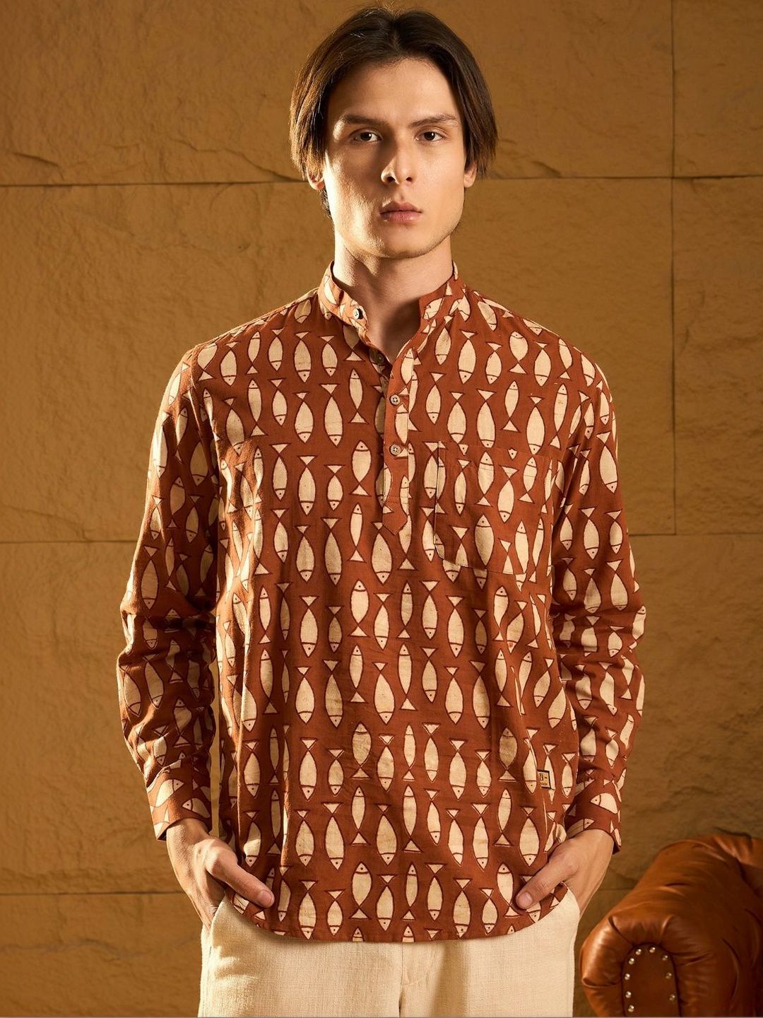 Deelmo Men Floral Printed Mirror Work Kurta