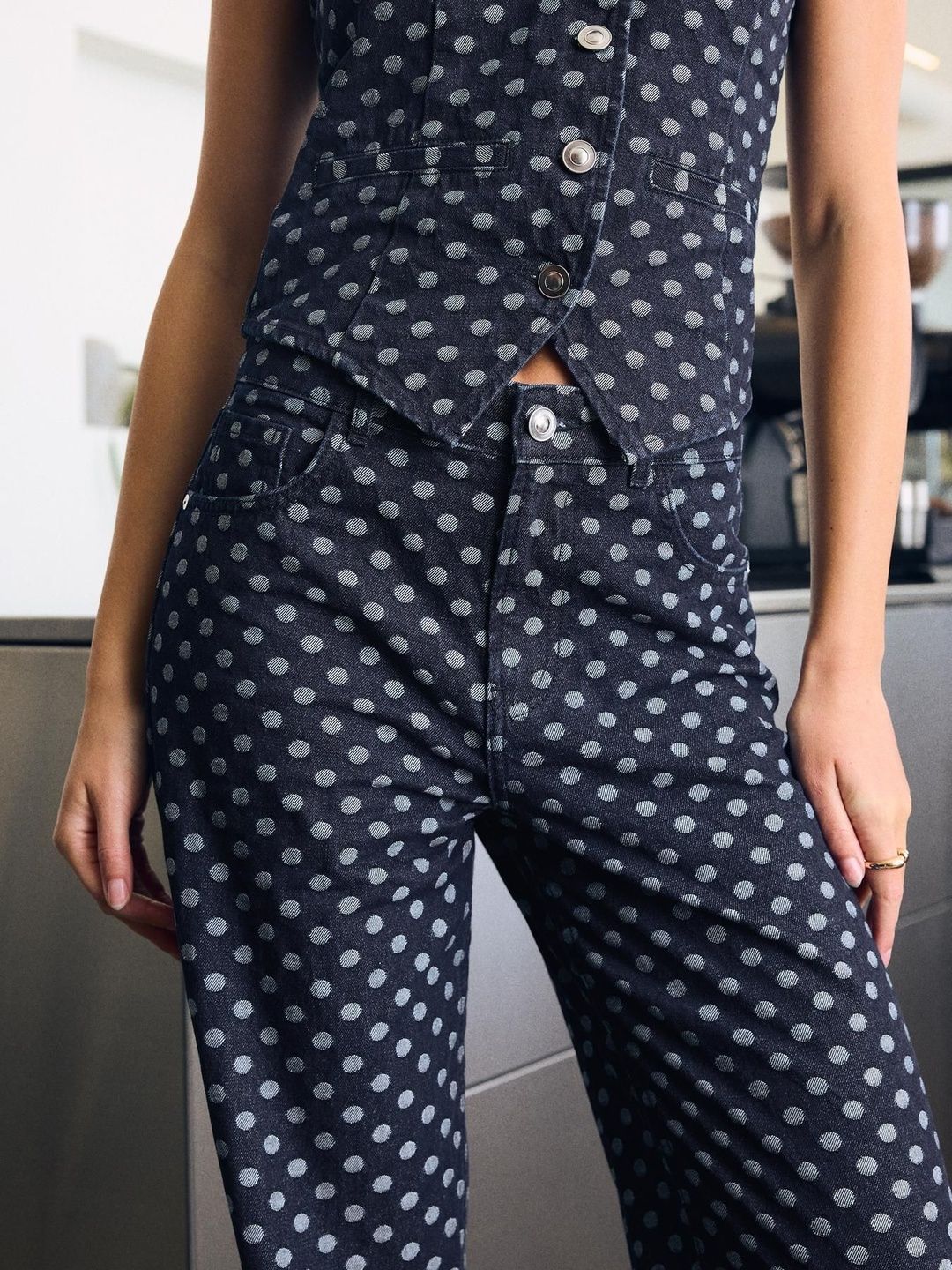 High-waist Polka Dot Pure Cotton Wide-leg Straight Jeans