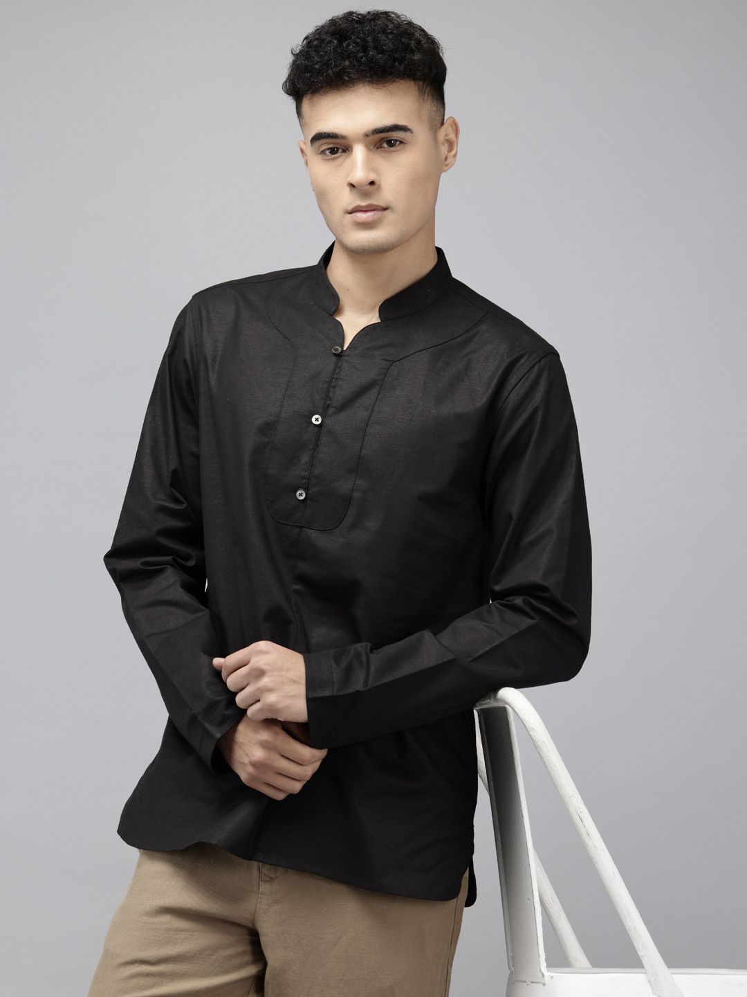 NAVNIV Mandarin Collar Cotton Linen Kurta