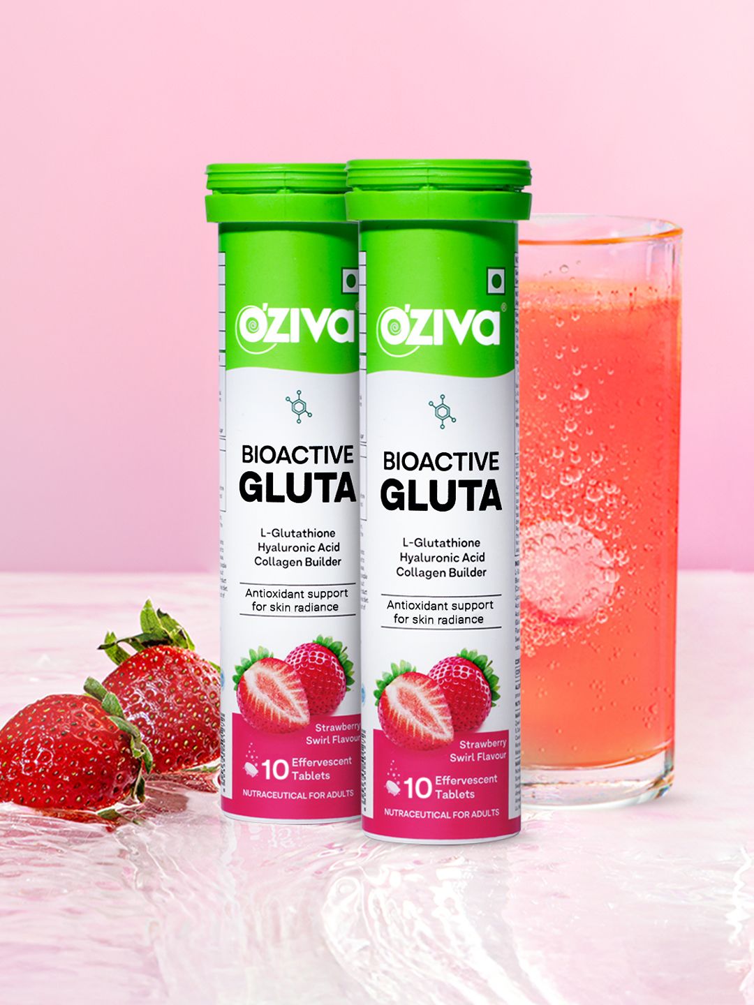 OZiva Gluta Fizzy Strawberry Swirl Helps Hyperpigmentation with L-Glutathione -10tabs Each