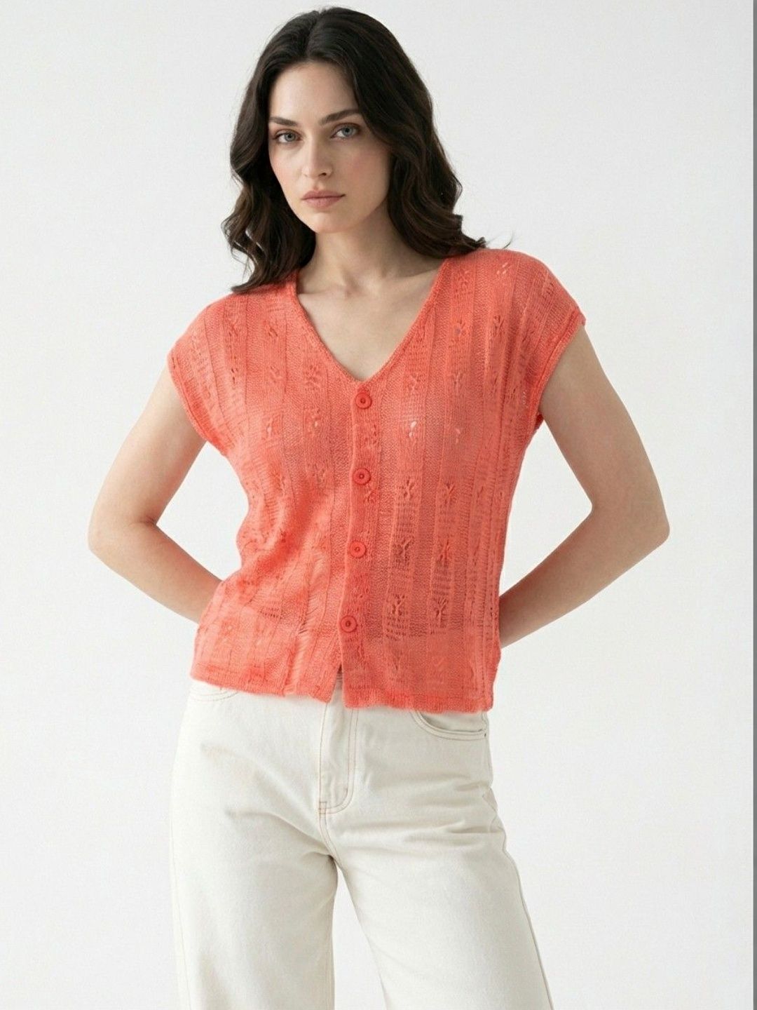 Buy Peach Textured Knitted V-Neck Button Top - Tops for Women