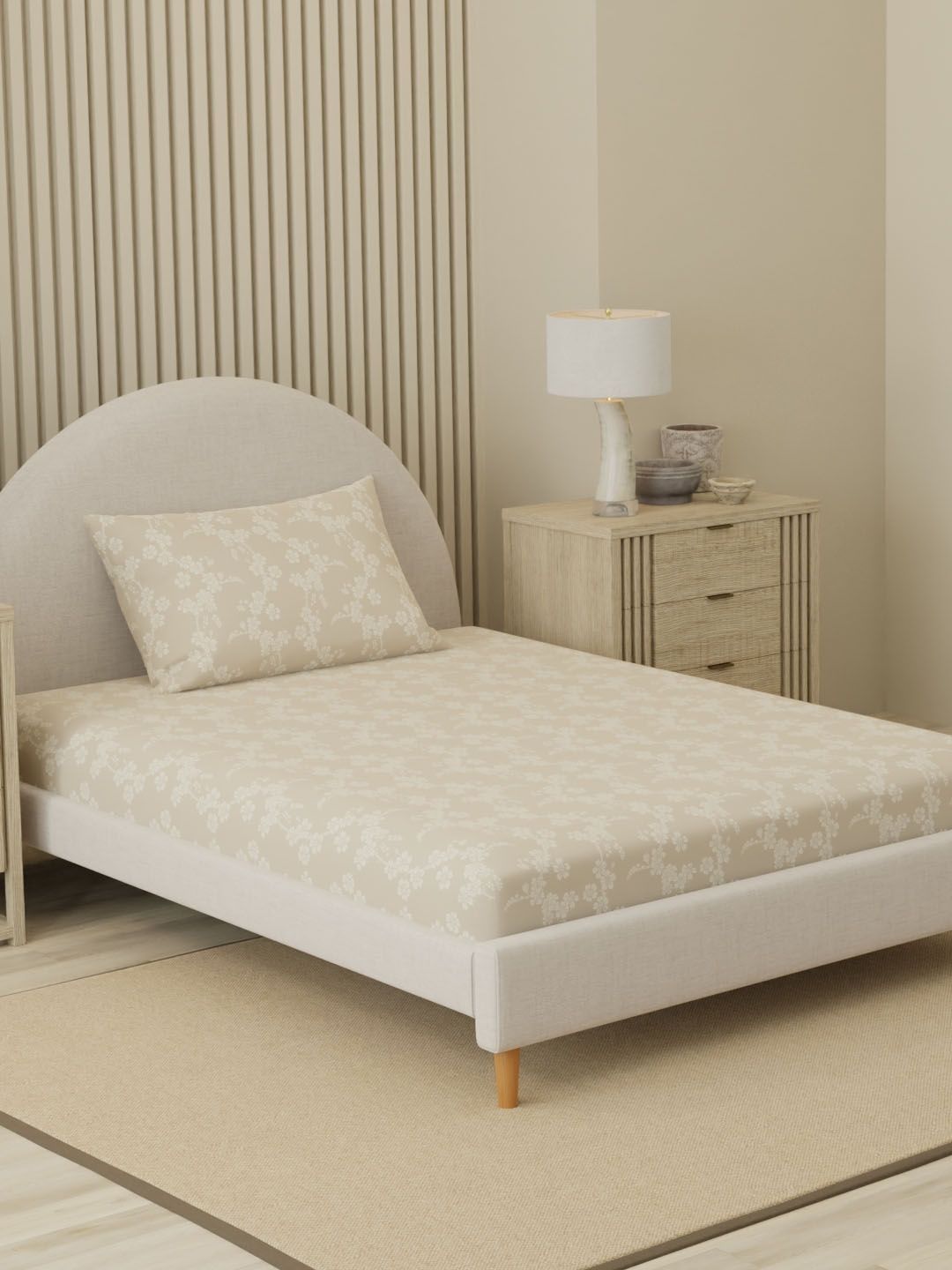 Boutique Living India Boutique Living India Beige Floral 300 TC Single Bedsheet with 1 Pillow Covers