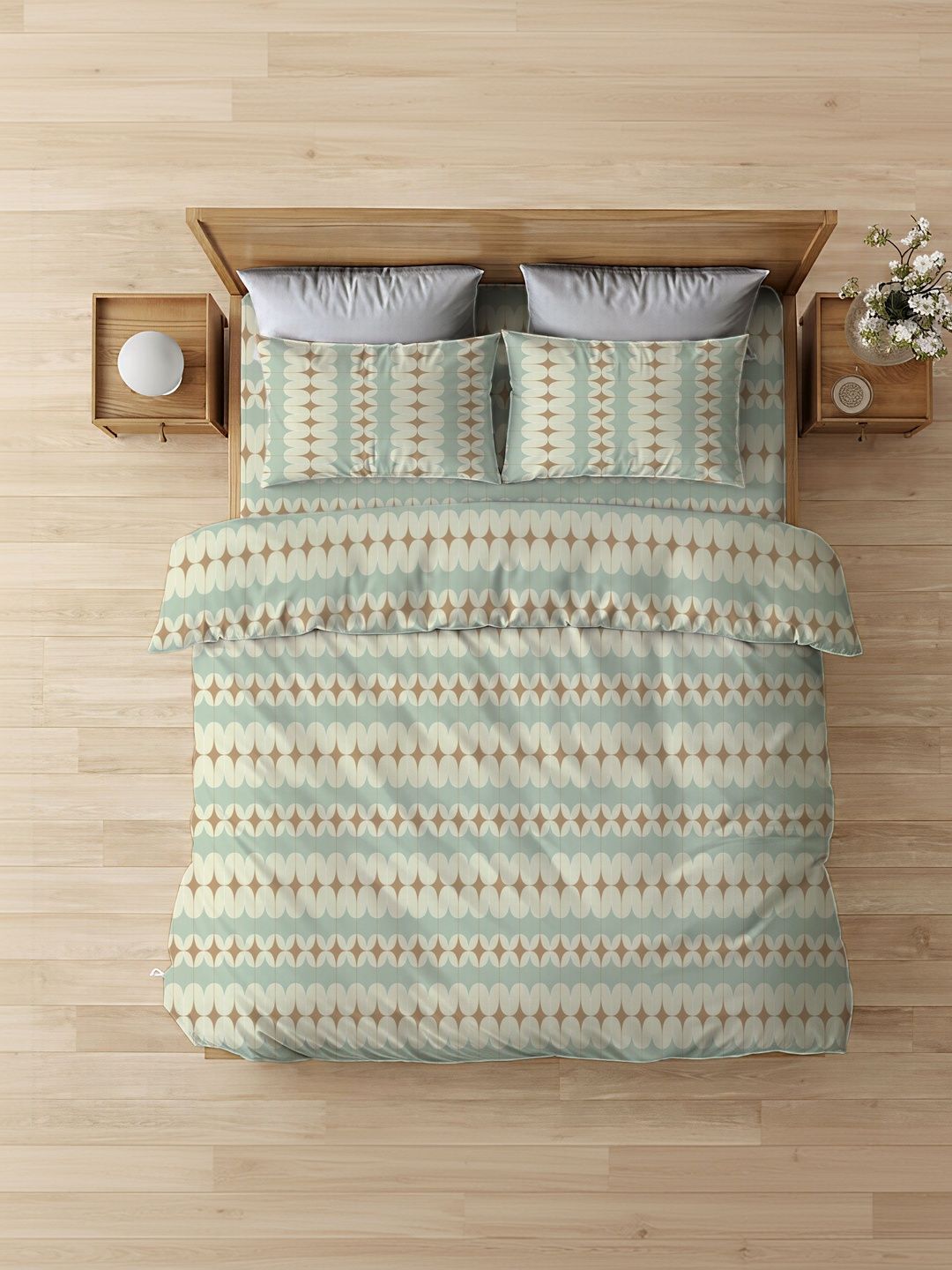 The Happy Pod Green & Beige Geometric Cotton 4 Piece Double King Superfine Bedding Set