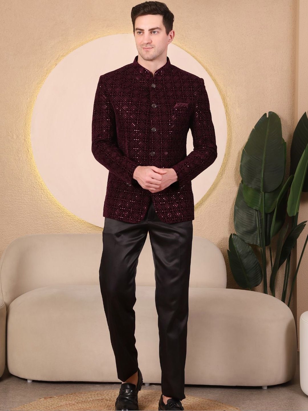 Dulha Ghar Self Design Band Collar Sherwani