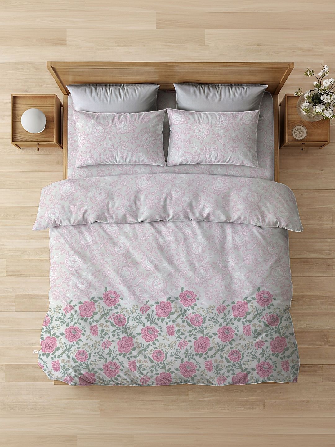 The Happy Pod Pink & Grey Floral Cotton 4 Piece Double King Superfine Bedding Set