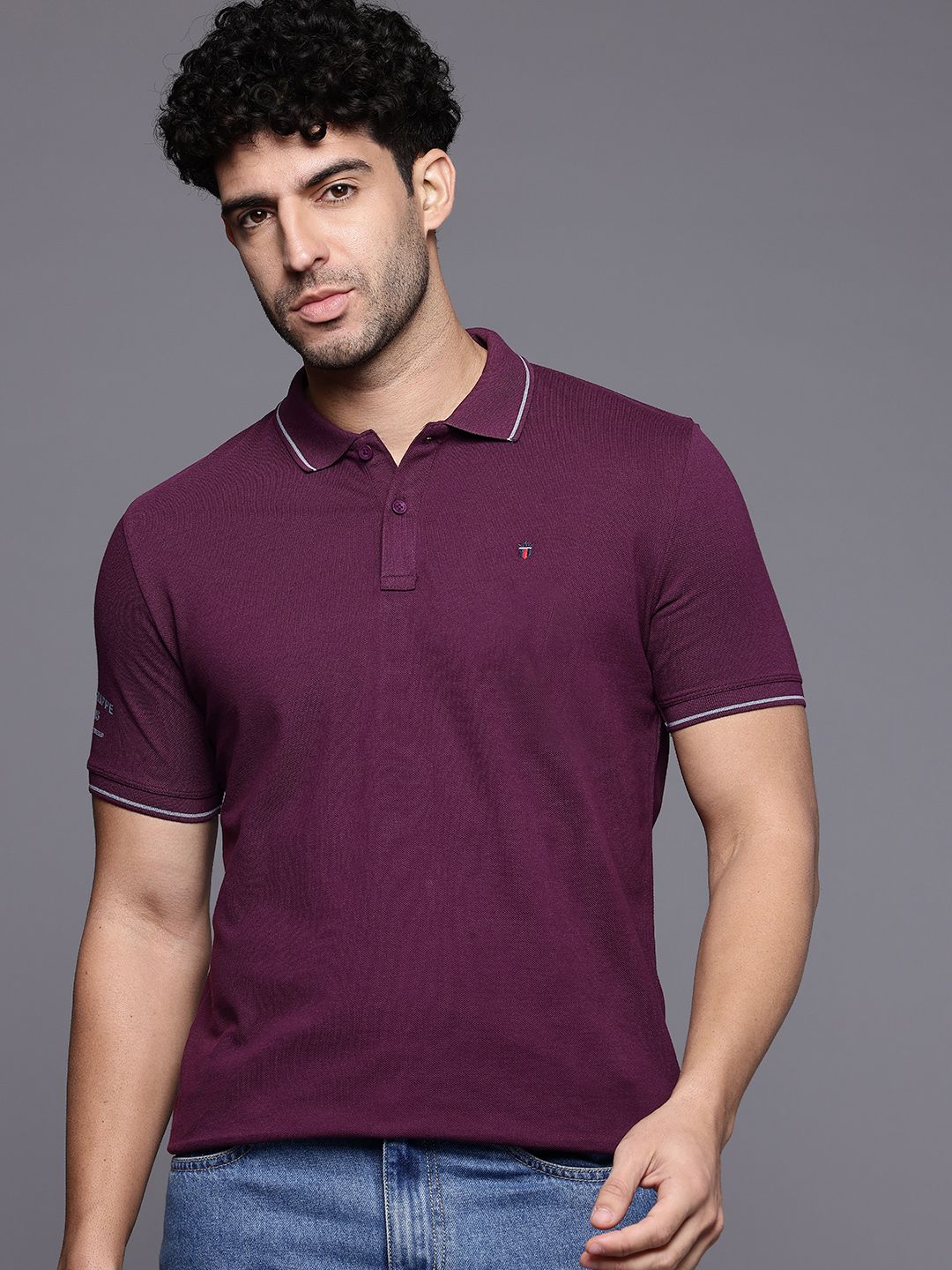 Pure Cotton T-shirt Louis Philippe Men Slim Fit Stylized print and contrast tipping Half Sleeve Solid Tshirt