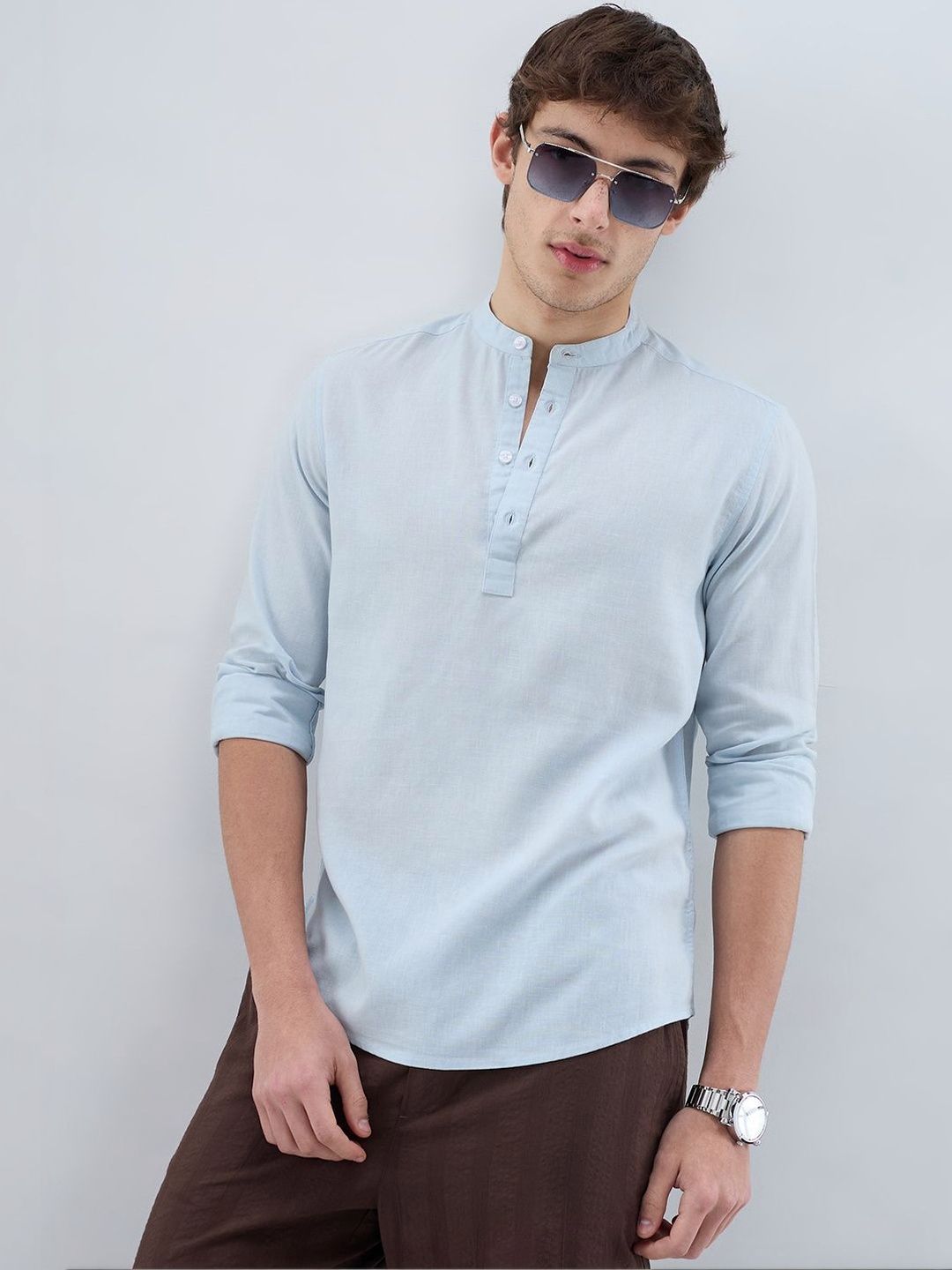VASTRADO Premium Sky Blue Slub Textured Linen Blend Kurta