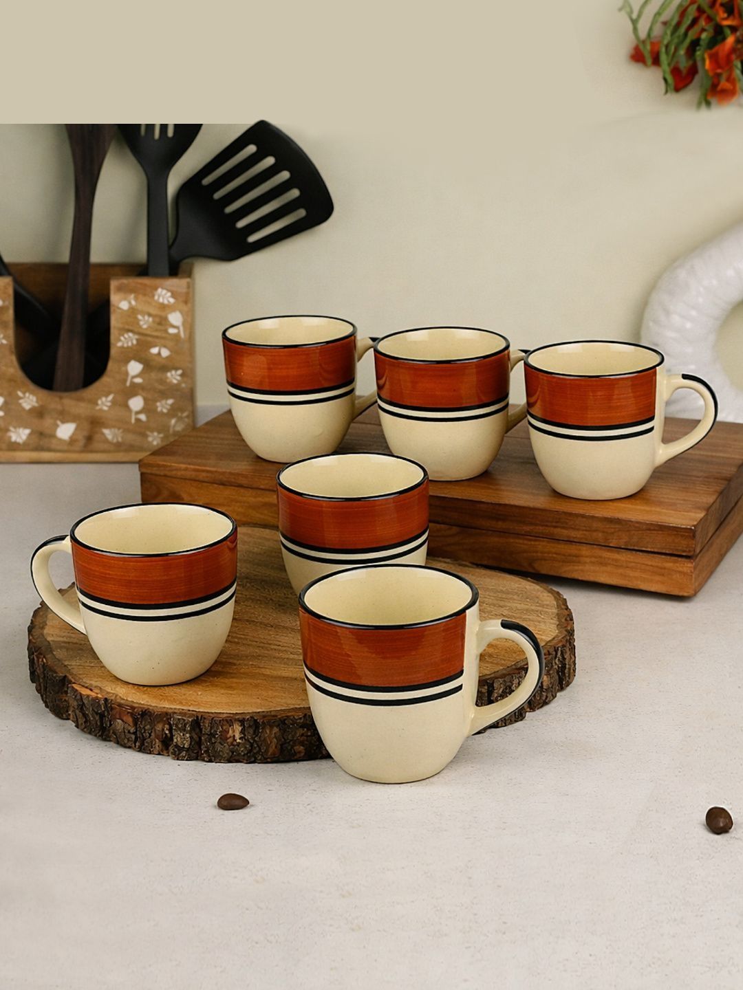 StyleMyWay White & Brown Crafted Ceramics Printed Ceramic Glossy Cups Set of Cups and Mugs